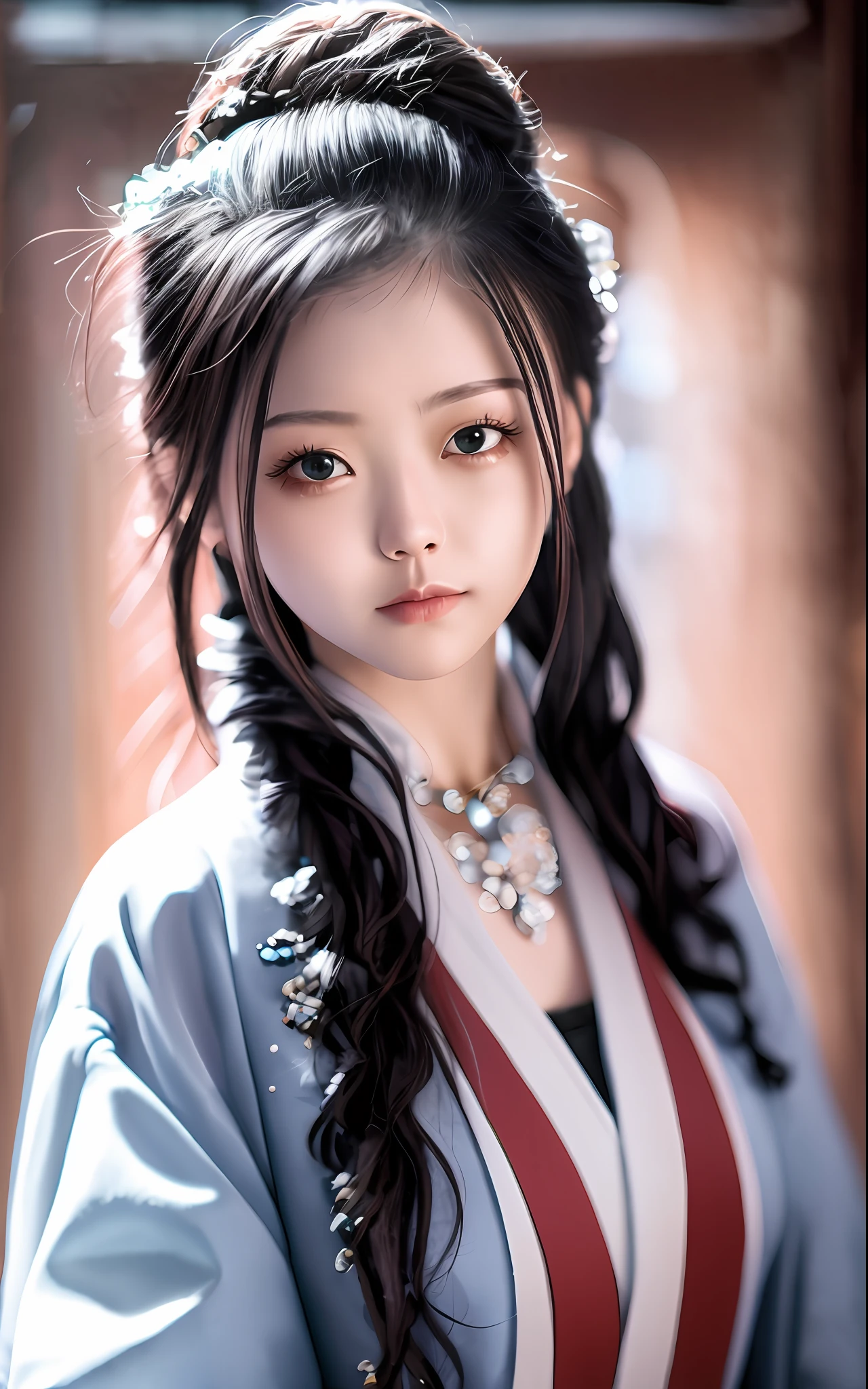 binding，best qualityer， tmasterpiece， A high resolution， Wuxia 1girl， Be red in the face， （seduct smile：0.8）， star-shaped bule pupils， Chinese Hanfu， hair adornments， choker necklace， jewely， beautiful  face， after sexing_Body， Tyndall effect， realisticlying， Dark Studio， edge lit， twotonelighting， （highdetailskin：1.2）， 8K  UHD， digital SLR camera， gentle illumination， high high quality， Volumetriclighting， Frankness， photore， A high resolution， 4K， 8K， Bokeh，