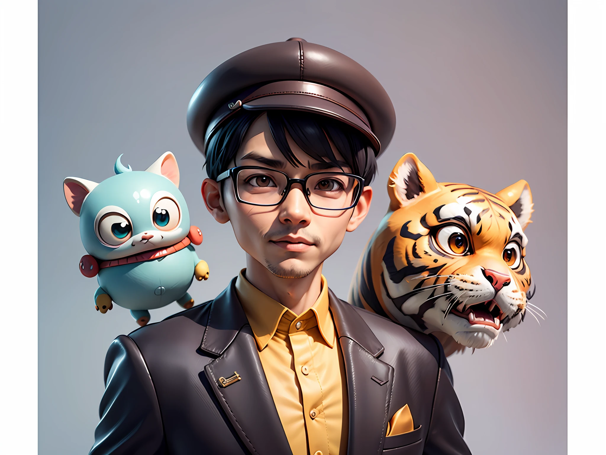 Young man with oriental face in leather hat, tiger, oriental face in formal suit, short black hair, silver glasses, digital painting, 3D character design by Mark Clairedon and Pixar and Hayao Miyazaki and Akira Toriyama, the illustration is a high-definition illustration in 4K resolution with very detailed facial features and cartoon-style visuals.