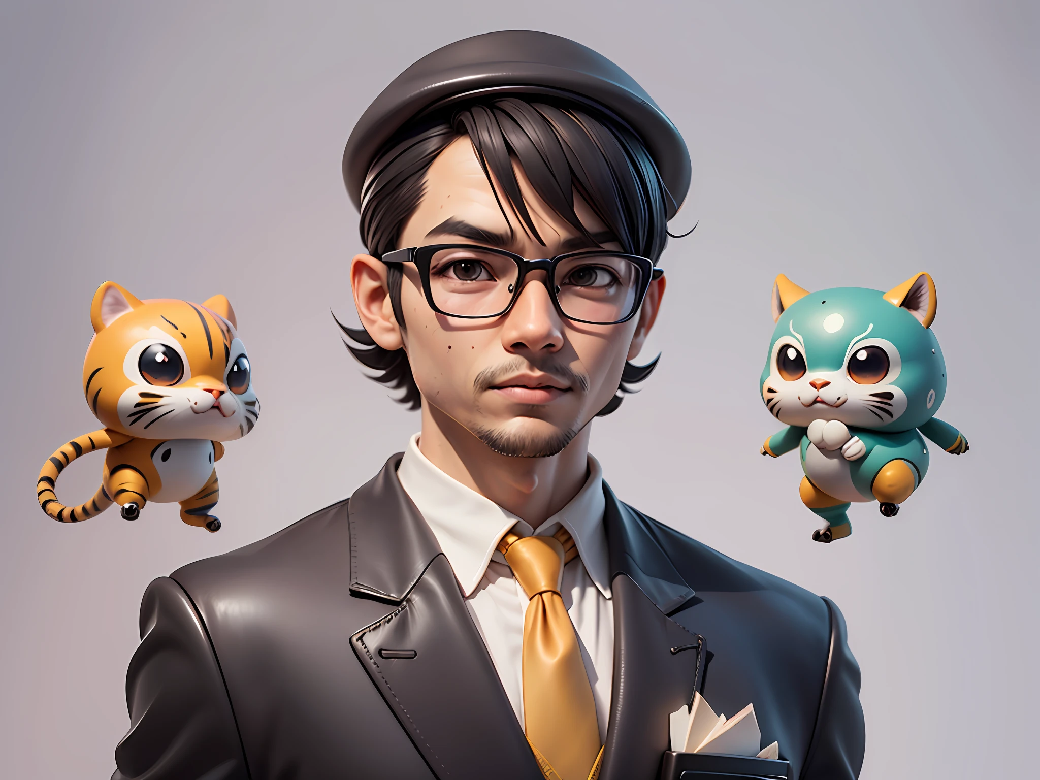 Young man with oriental face in leather hat, tiger, oriental face in formal suit, short black hair, silver glasses, digital painting, 3D character design by Mark Clairedon and Pixar and Hayao Miyazaki and Akira Toriyama, the illustration is a high-definition illustration in 4K resolution with very detailed facial features and cartoon-style visuals.