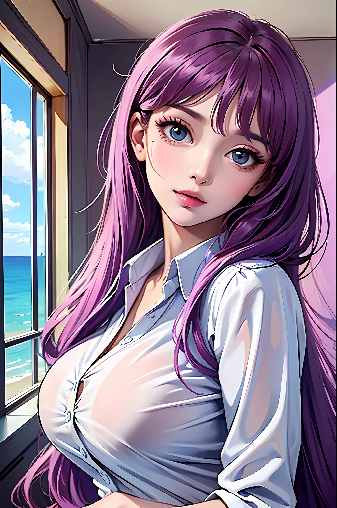 ((best quality, best resolution, master part, Absurdo)), Saori Kido (21 anos) vestindo uniforme escolar (white button-down blouse, minha saia plissada, com seus longos cabelos roxos caindo em ondas suaves ao seu redor de seu rosto delicado. Huge breasts are visible under the fabric, and her skin is smooth and clear, deusa divina, giving you an air of influence and tolerance,