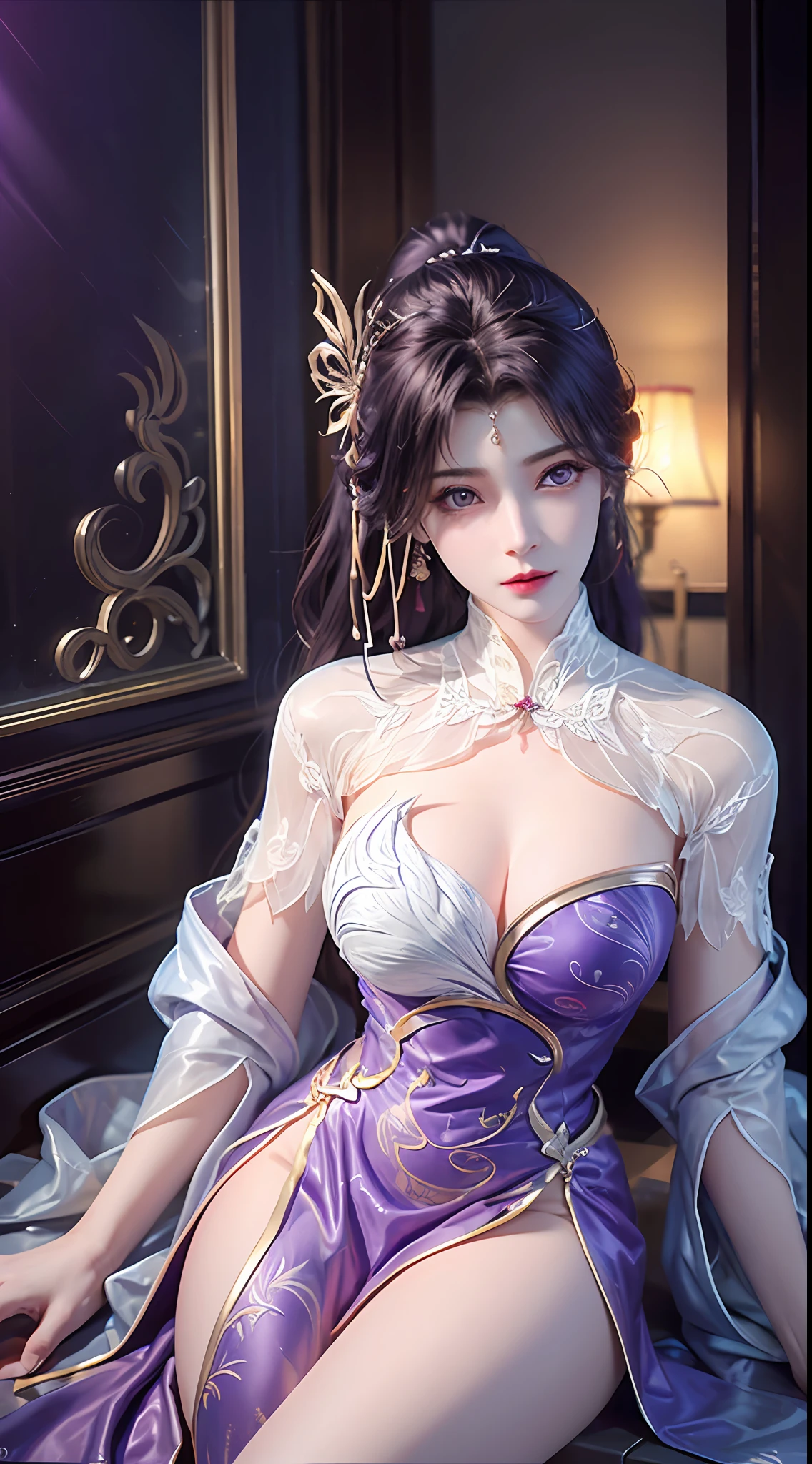 1 beautiful Van Hi girl in hanfu dress, The 27-year-old girl with the face of an old lady, Korea Doll, thin purple silk shirt with many white textures, white lace top, long platinum purple ponytail, hair jewelry, ear jewelry, necklace and necklace , meticulously drawn large light purple eyes, meticulous makeup, thin eyebrows, high nose, pretty red lips, not smiling, pursed lips, rosy cheeks, enlarged breasts, huge breasts, well-proportioned breasts, slim waist, purple mesh socks, chinese hanfu style, fictional art textures, vivid and realistic colors, RAW photos, realistic photos, ultra high quality 8k surreal photos, fantasy lighting effects, 10x pixel, magic effect (historical house background: 1.8), super detailed eyes, girl portrait, girl alone, (historical hanfu: 1.8)