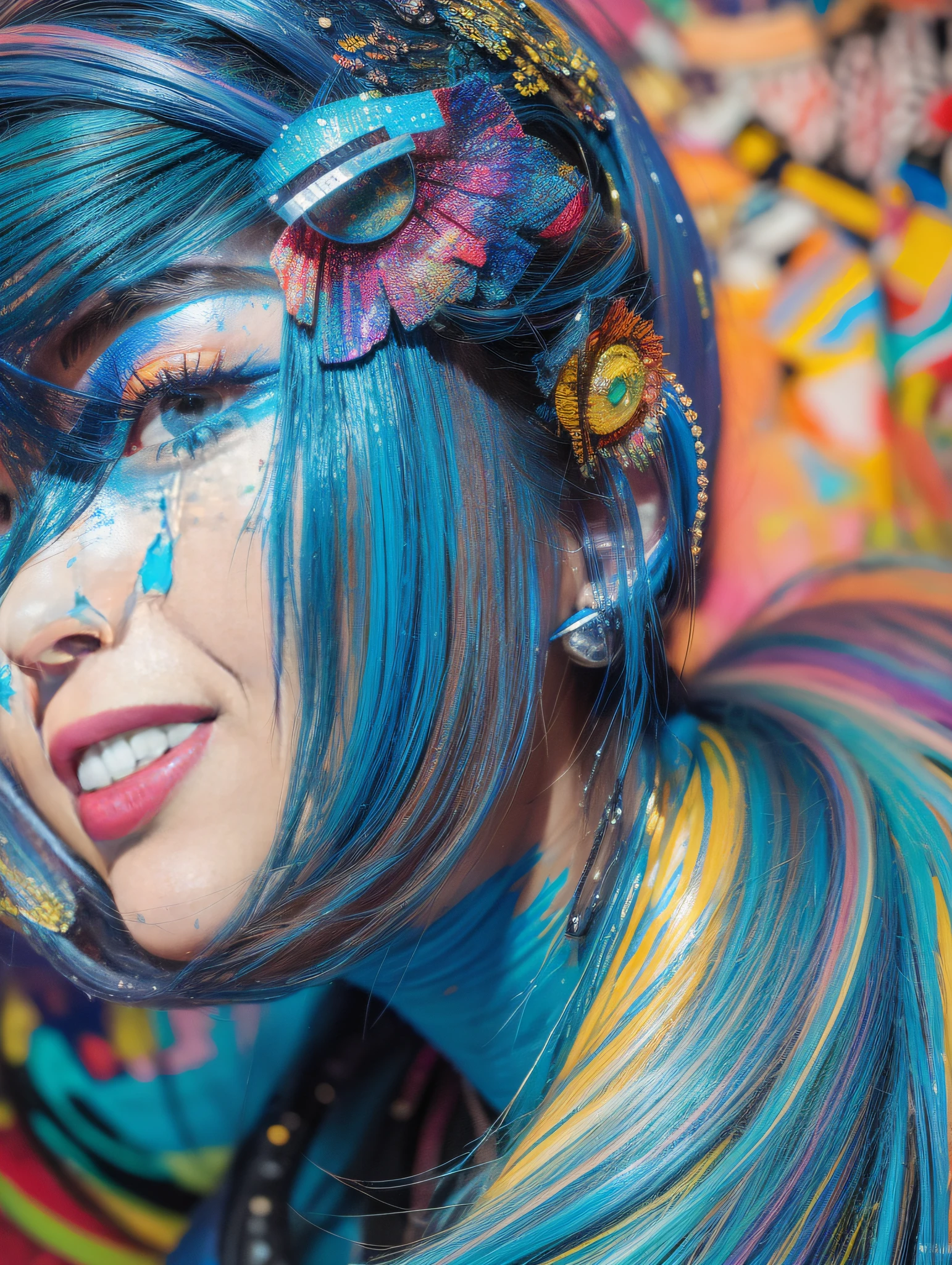 chies, cool guy, Braid, Rainbow hair, Top Teeth, Makeup, head gear, eyeball, Evil smile, Cowboy shot, hyper photorealism, Fuji colors, Cowboy shot, f/1.2, kanon, hyper HD, High details