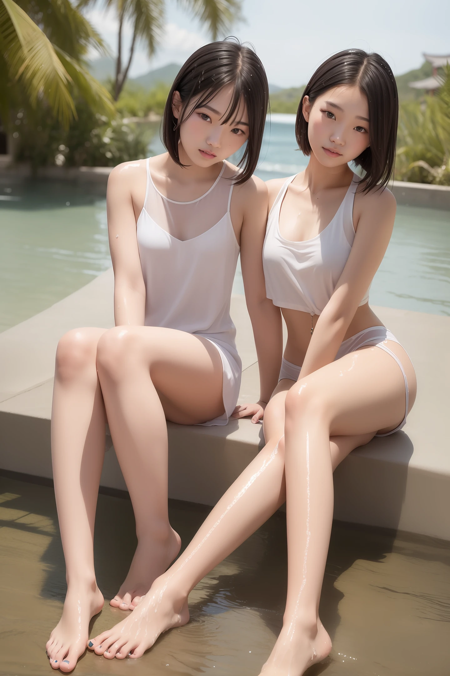Short hair, black hair, Chinese 17 years old, beauty, bare feet, wet