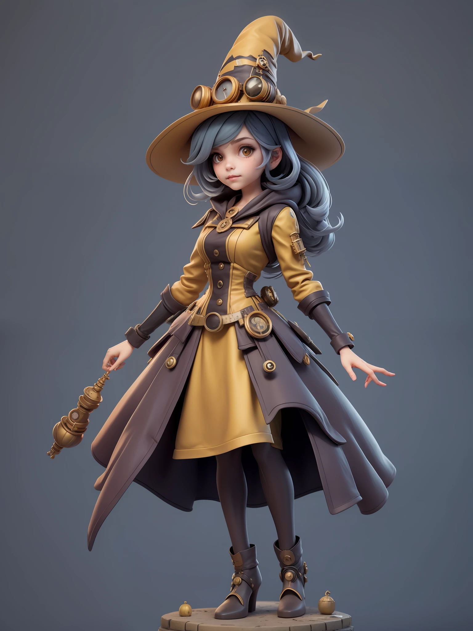 1Menina, Loira, in a yellow Steampunk dress with witch hat