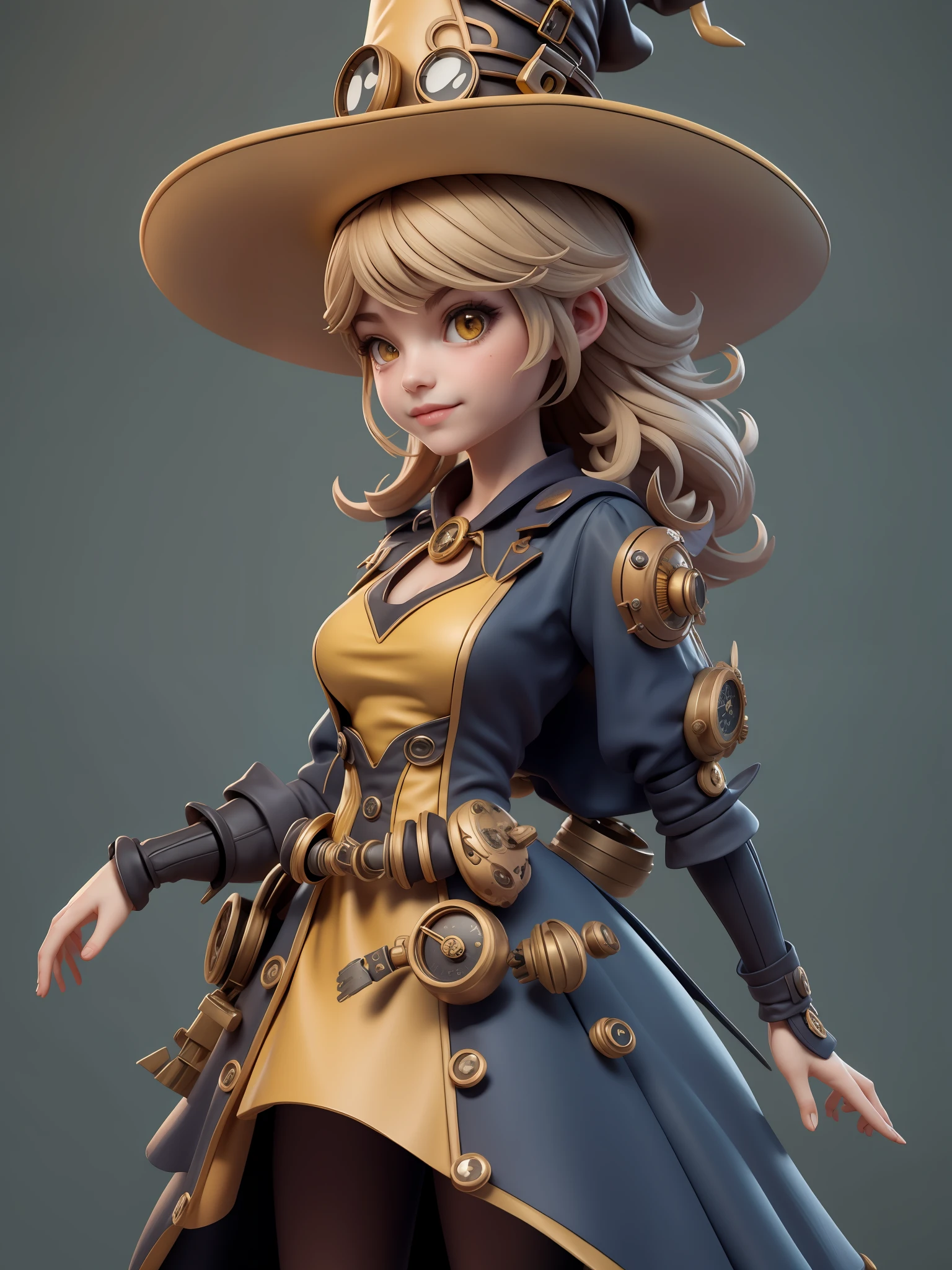 1Menina, Loira, in a yellow Steampunk dress with witch hat