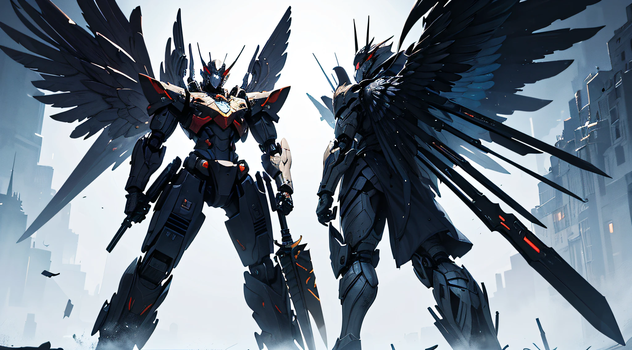 Men wear mecha, There are throwing knives everywhere, Long knife in hand，There is a sense of technology on the knife, The eyes are covered by armor，There are electronic eyes, Abstractionism, , , Cinematic lighting, hyper HD, Masterpiece, ccurate, Super detail, High details, High quality, Best quality, A high resolution, 16k，There are 5 throwing knives around，The throwing knife should be significantly strengthened，The throwing knife is his dark weapon！He has mechanical wings behind him，The mech is dark black，Pay attention to the emphasis on throwing knives