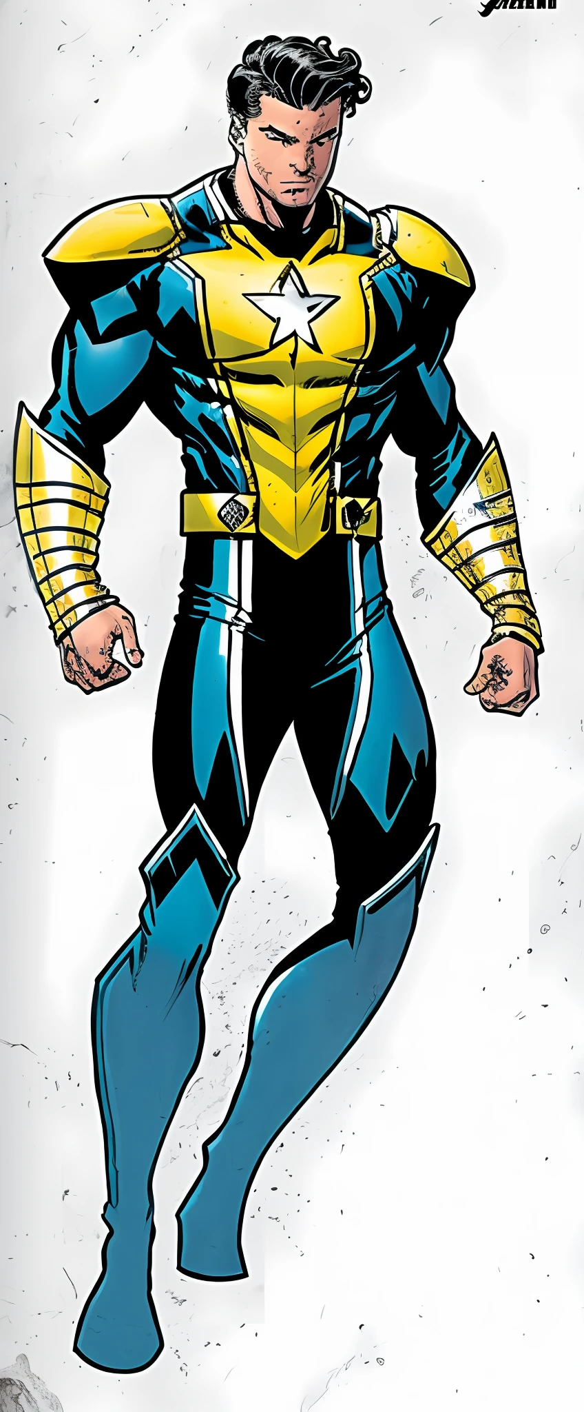 Invincible, close up of a man in a yellow and blue armor, yellow x-man suit, x-man armor, full portrait of invincible, blue and yellow, x man armor, modern comic book character design, 2020 comic book character, john romita junior, phil jimenez, inspired by John Romita, photo of Timothy Chalamet, shot on dslr camera, clean cut, flowing hair, well drawn eyes, clean art, 2000's comics, modern concept art, star on chest, black star logo,