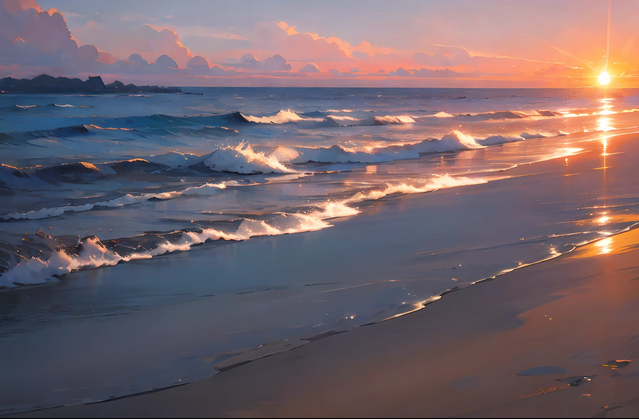 A girl at the beach，Looking Up The Sky，the sunset，sea breezes，photorealestic