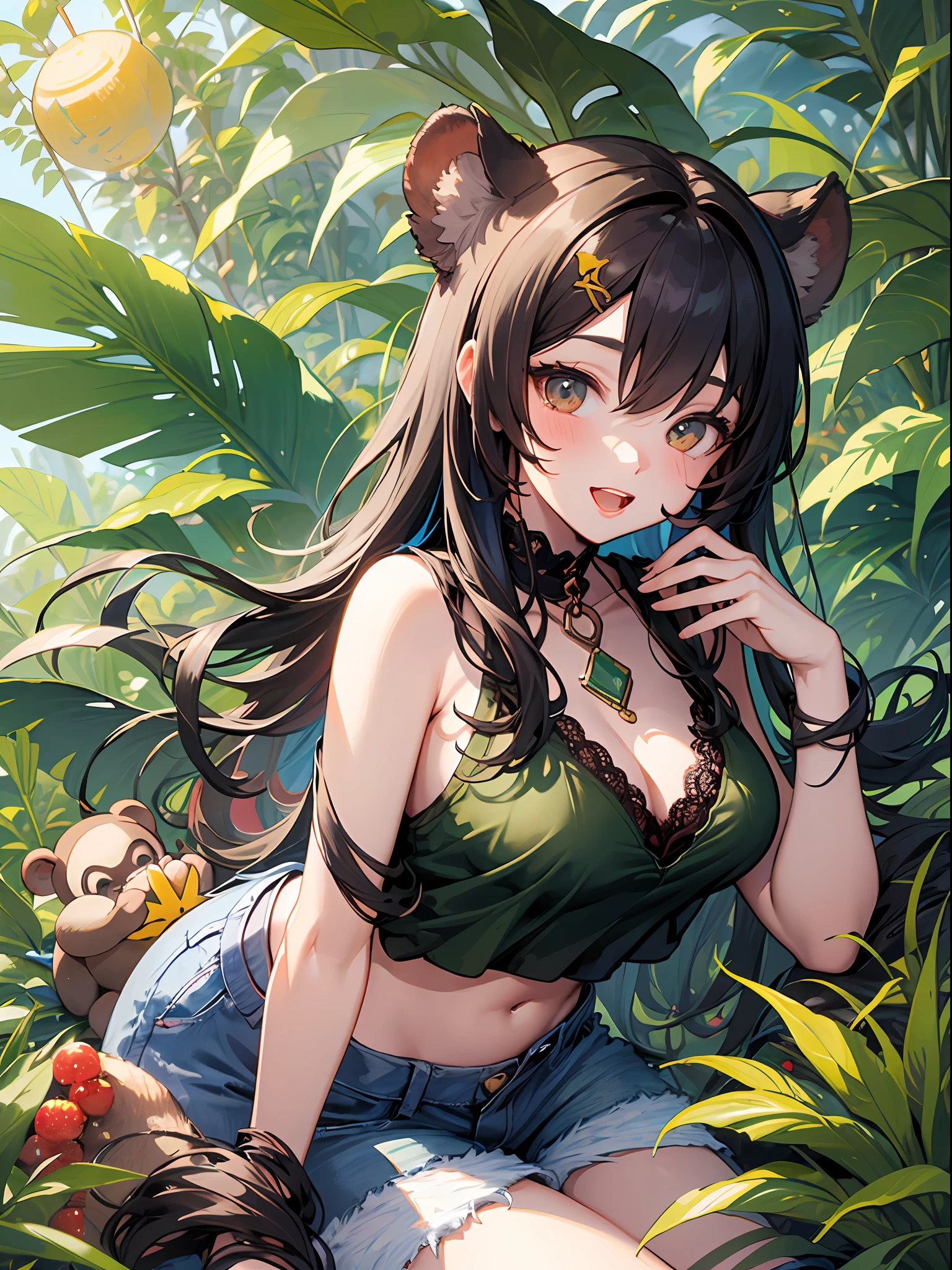Best quality chibi monkey girl, with big round monkey ears, long monkey tail, wearing cute jean shorts with lace, in a jungle with palm trees and fruit, tangles, cute and happy, surrounded by vibrant colors and colorful splashes - a true masterpiece!