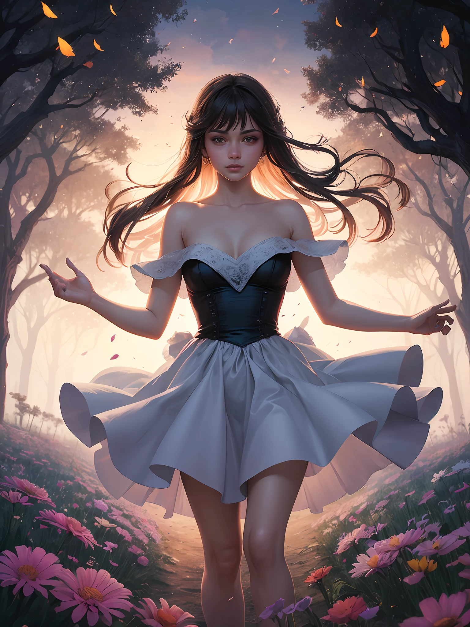 1girl, solo, full body, (masterpiece:1.21), (best quality:1.2), colorful, (illustration:1.2), (cinematic lighting:1.1), (bare shoulders:1.21), (collarbone:1.21) in this whimsical A beautiful and dreamlike garden, the scene is illuminated by a rainbow (colorful fireflies) dancing in the air. Pastel (drizzle) adorns the garden, creating a hazy and ethereal atmosphere. In the center of the picture, stands a single girl, an extremely beautiful girl, with lovely facial features and an innocent expression. Her long hair fluttered in the wind. She wore a low-cut strapless dress that accentuated her curves. The lighting is very delicate and beautiful, creating a soft warm glow that accentuates the water and makes it sparkle like a diamond. The finest grasses are also illuminated to create a lush carpet. The garden is surrounded by colorful flower fields with flowers of all colors and shapes. Various colors and sizes (coloured butterflies) can be seen flying around the scene, adding to the overall sense of wonder and magic. (Everyone, judges), a blush can be seen on the bridge of the nose, and the mouth is slightly opened, which adds to the overall sense of innocence and youth. Falling petals can be seen waving around her, adding to the overall sense of romance and beauty. The breeze is blowing, the leaves are rustling, and the flowers are swaying, adding to the overall dynamism and vitality. It is a scene of pure wonder and magic, full of color and beauty, where the viewer can lose themselves in this enchanting and captivating world.