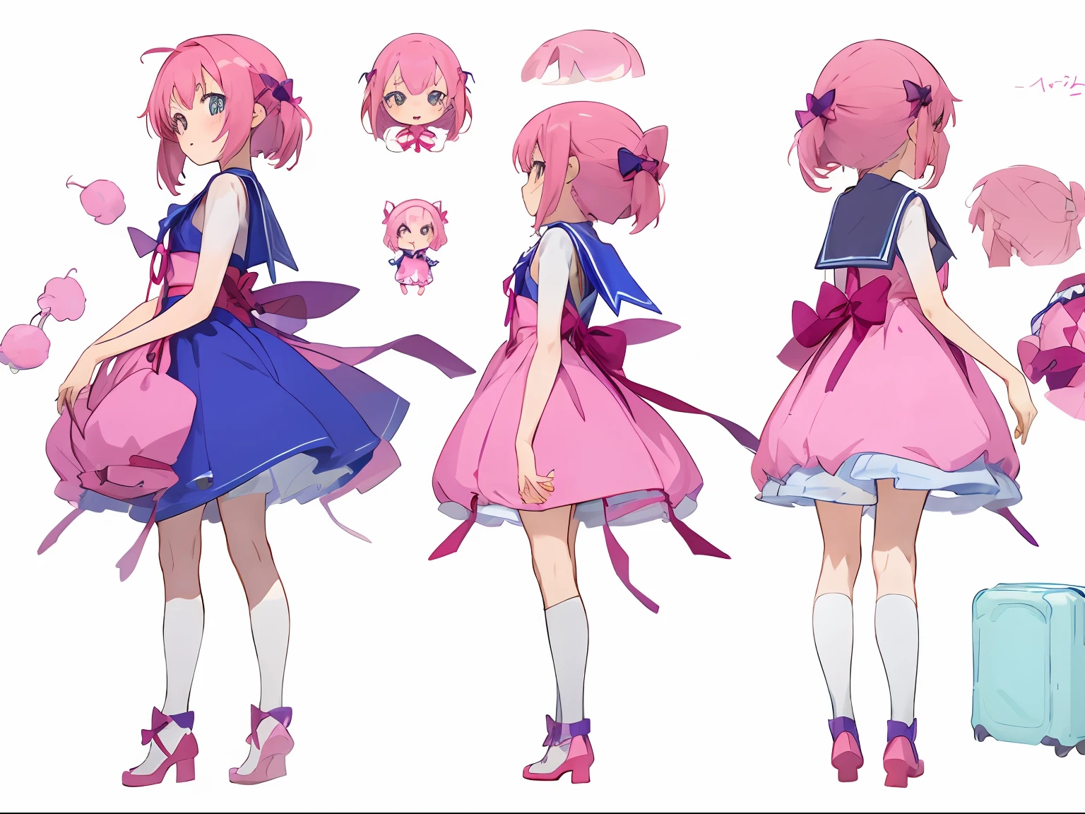 An anime character of a girl in a pink dress，Wearing a bow, pretty anime character design, cute anime waifu in a nice dress, Anime character design, small curvaceous loli, anime moe art style, anime visual of a cute girl, anime full body illustration, anime character reference sheet, Shoujo manga character design, Full body character design, small loli girl