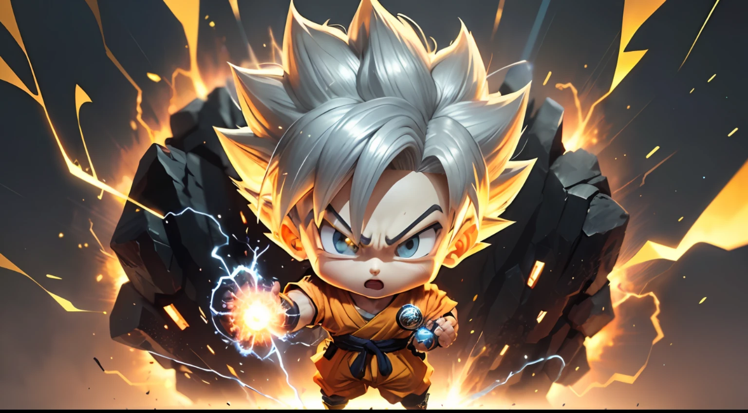 Masterpiece), (Extreme Quality), (Ultra Detailed), (delicate face), (detailed eyes), Full Body, 1 boy, (9  goku in super saiyan with white hair from Akira Toriyama's Dragon Ball manga: 1.7), solo, Chibi, Cute, perfect hands, (glowing metal objects hovering in the air and surrounding him:1.2),(Electric arcs and sparks:1.2),(flow of energy:1.2),(translucent magnetic lines:1.2),(golden silver grey and shimmering light effects:1.2), Kamehameha skill