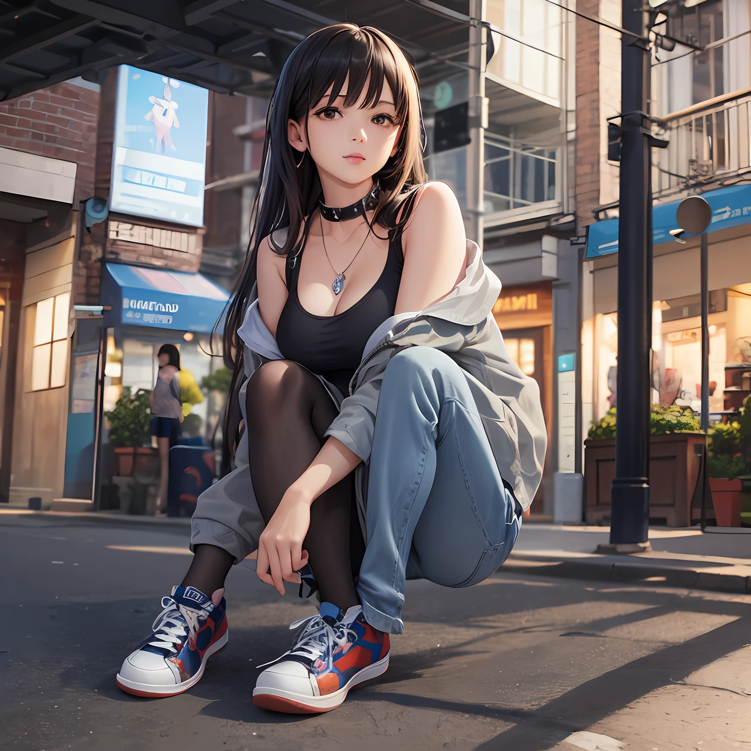 (tmasterpiece,Fine legs:1.2),(Have on the street,Lower body photo,Converse high-top canvas shoes with black pantyhose and canvas hot pants,Wear a collar around your neck,grey vest),Volumetriclighting,Latex necklace,high top sneakers,Canvas boots,black pantyhoses,Grey canvas hot pants,Gray sports bra,denim short,ultra - detailed,highly detailed, big breasts beautiful, small detailed, ultra - detailed, best qualtiy, sharp, digital illustrations, A detailed, hentail realism, 4k, 8k, Artstation trends, Good anatomy, beautiful illumination, awardwinning, Photorealsitic, realistic shaded, realistic illumination, beautiful illumination, Ray traching, Complicated details, moodiness, trichotomy, tmasterpiece, (illustratio:1.1), A high resolution, (VerydetailedCG, unified, 8k wallpaper:1.1), Ultra photo realsisim, tmasterpiece, bokeh, The is very detailed, iintricate, zoomout, rich colourful, Bright face round, Royal sister cute, Good figure Urban college student uniform Sweet long hair fluttering --auto