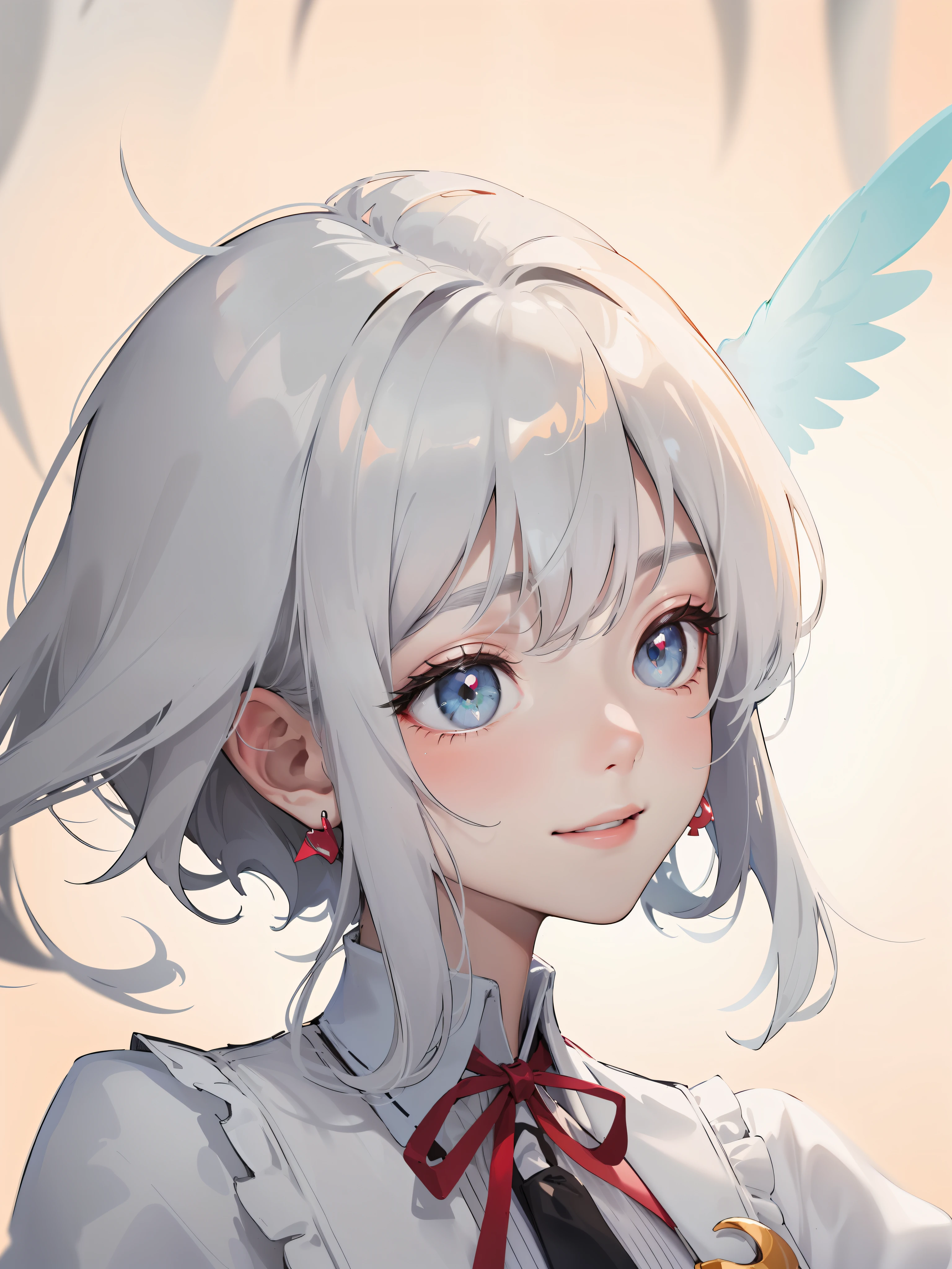 (angel wing), (tmasterpiece), (Extreme Quality), (adolable)Anime portrait of beauty with smile and bunny earbands、crescent earrings,Neck combing, gray and short hair,Wearing a white tie and a Guvez outfit,Small and unique portraits have laid the foundation for unique colors and anime styles。The facial details are very delicate,In particular, the pupils exude a laid-back and charming atmosphere of digital animation art;Smiling emojis make your heart beat too,It just happens to be such a cute and romantic feeling of love。