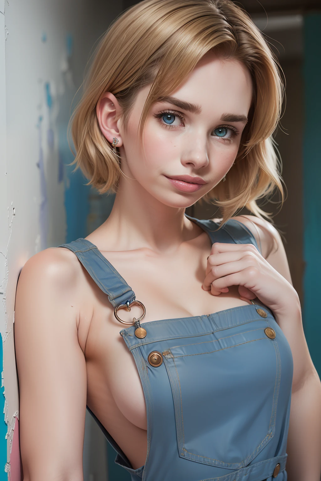 ((Emma Roberts stands in a room and paints the walls with the wall paint blue)), (she has small round breasts), ((nackter overall)), ((tall slender woman)), (kleiner Kopf), ((beautiful detailed face)), ((natural skin texture)), (fotorealistisch), (Raytracing), (scharfer Fokus), ((Brustwarzen))