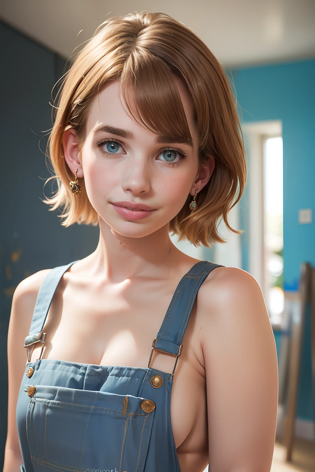 ((Emma Roberts stands in a room and paints the walls with the wall paint blue)), (she has small round breasts), ((nackter overall)), ((tall slender woman)), (kleiner Kopf), ((beautiful detailed face)), ((natural skin texture)), (fotorealistisch), (Raytracing), (scharfer Fokus), ((Brustwarzen))