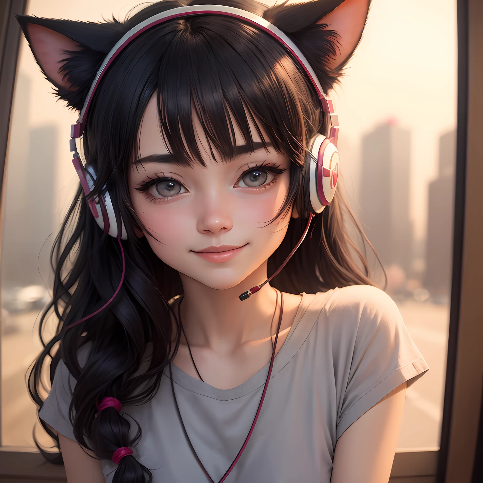 black hair, wince, longeyelashes, solid circle eyes, light smile, ear blush, cat ear headphones, ear blush, blush, drop shadow, anaglyph, stereogram, tachi-e, pov, atmospheric perspective, Surrealism, anime, 8k, super detail, ccurate, best quality, best quality, highres, UHD, 16k, best quality --auto