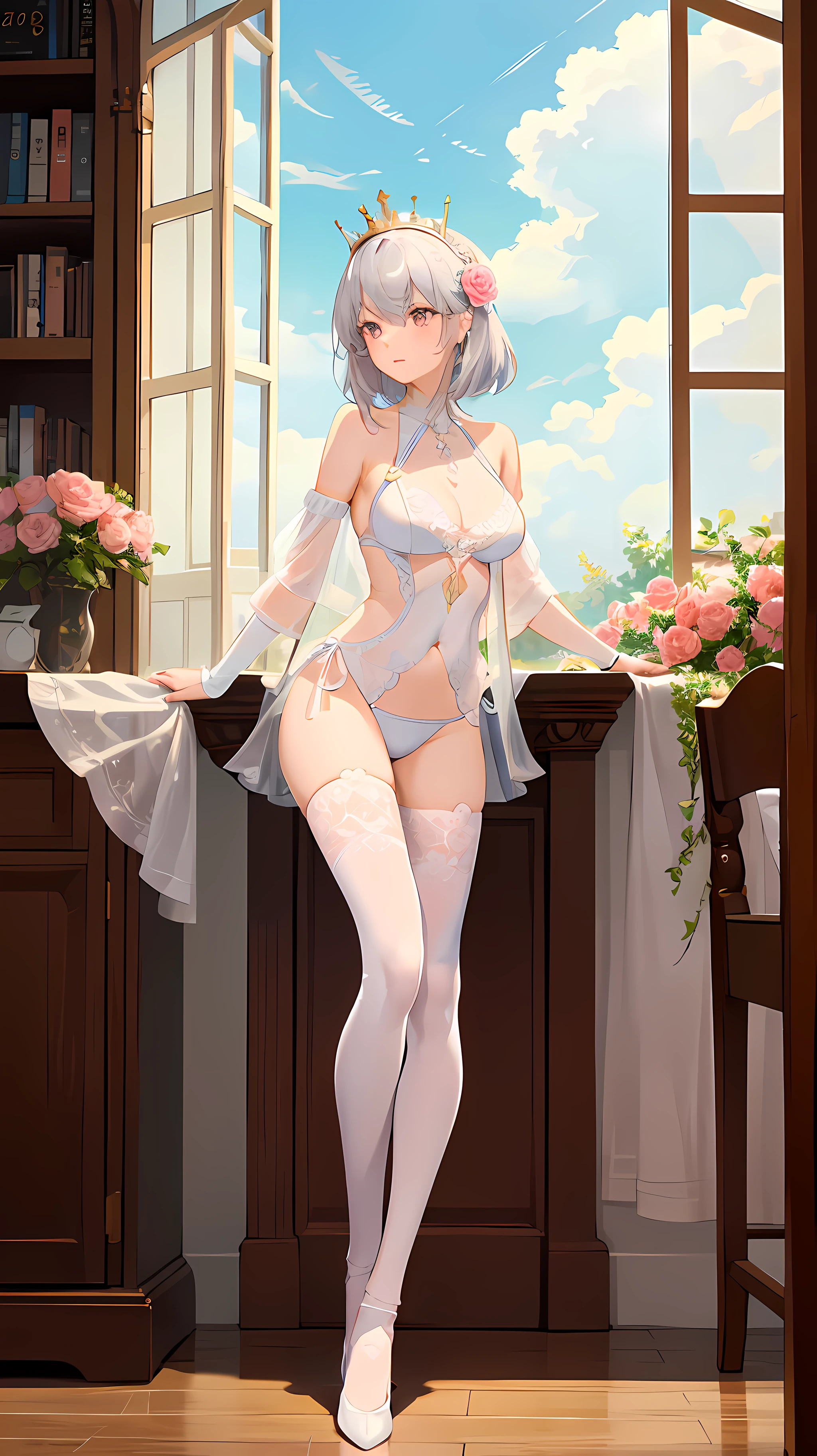 ((Masterpiece)),((Best quality)),(ultra - detailed),(illustration),((Extremely Delicately Beautiful)),(Dynamic Angle), 1girll, Flowers, Spring, beside the window, Rose, Detailed: face，long eyelasher，dim eyesight，tight-fitting，Raised sexy，head gear，queen，Pink eyes，cloudless sky，rays of sunshine，and the sun was shining brightly，Transparent white swimsuit，silber hair，White lace pantyhose, 30-year-old woman，did not wear panties，Full body photo，8K