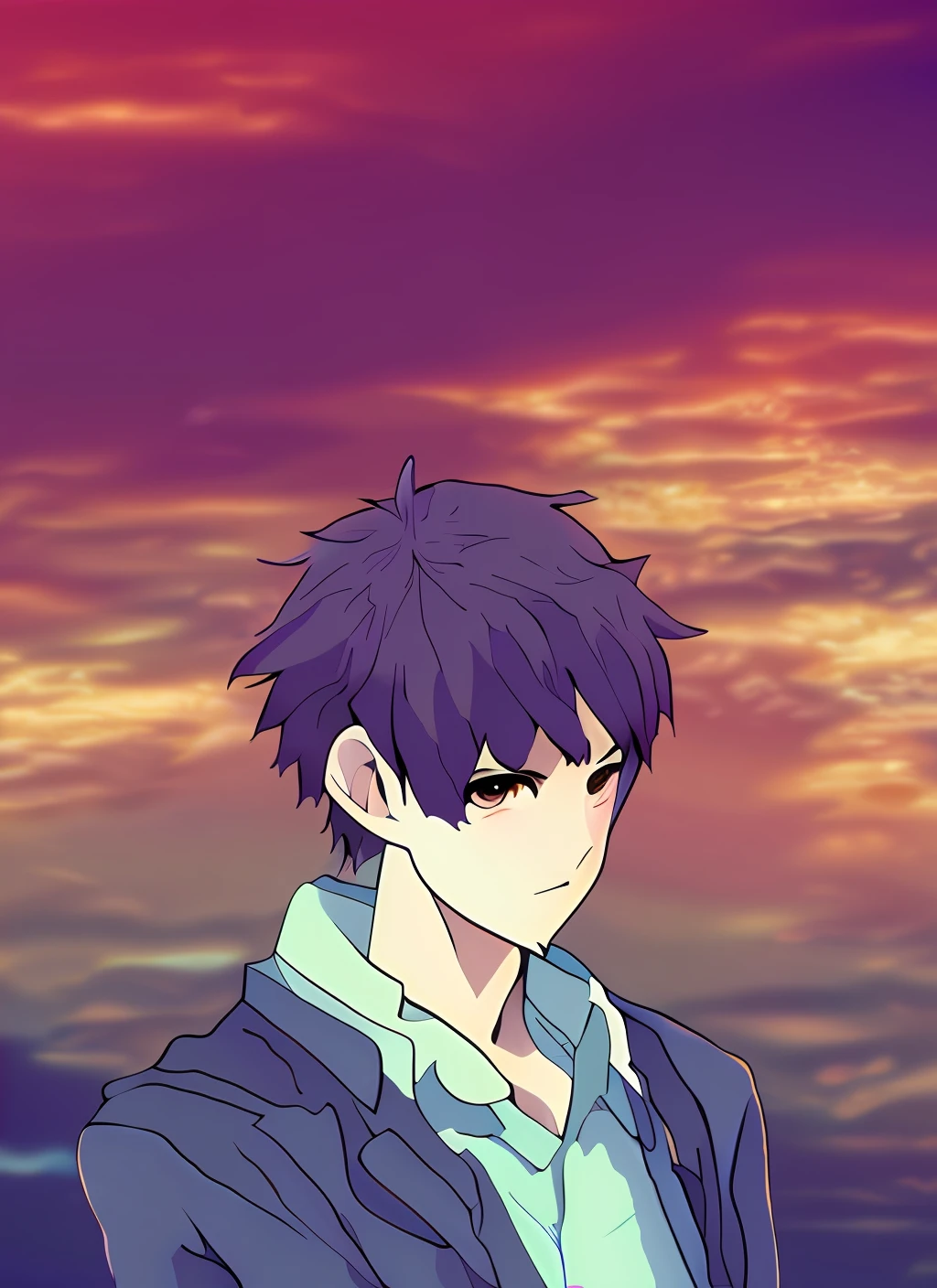 Boy avatar
Anime style
Details are in place
Cool background tones
Half tied hair
Look down at the bottom left