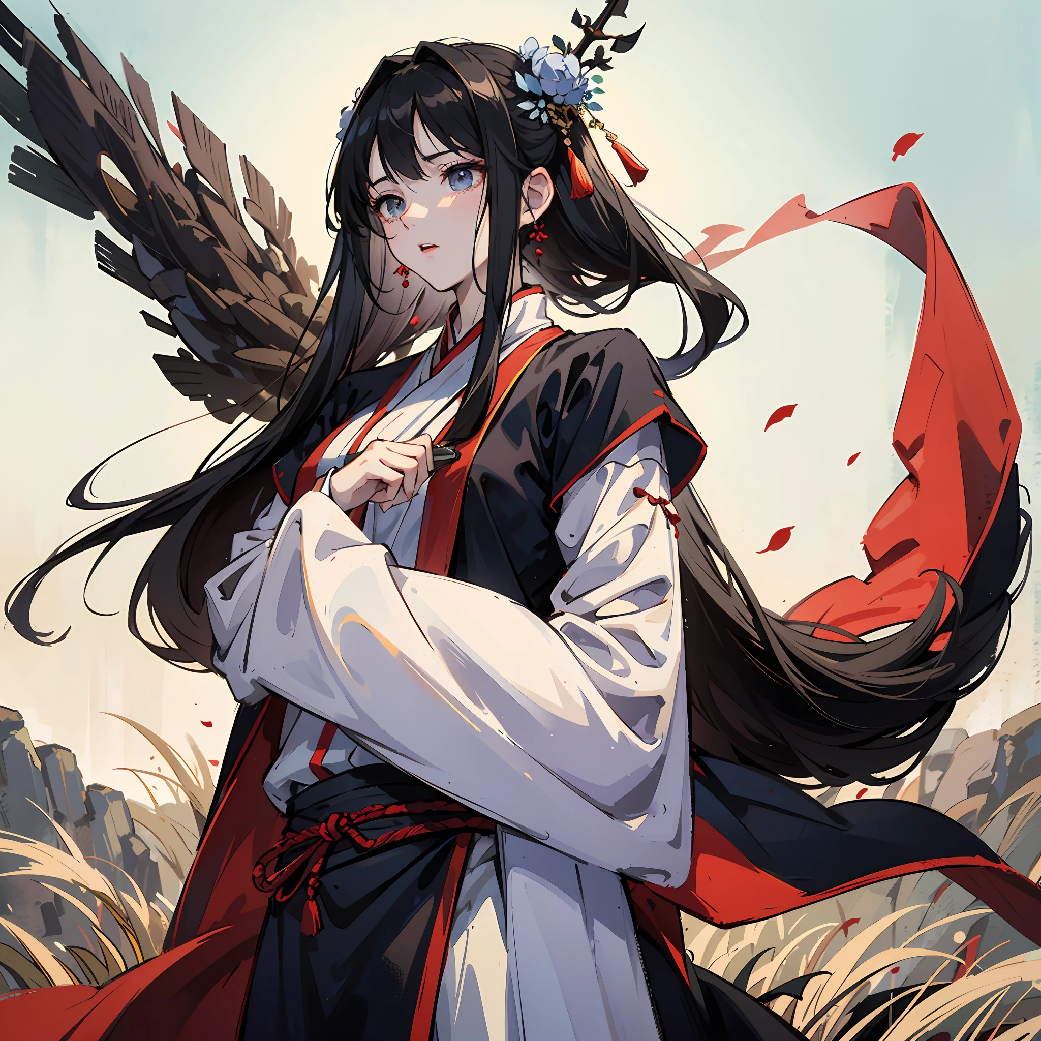 chinese ancient costume，The main body is white，Hanfu，On the battlefield of the plains，In the distance are countless soldiers，holding a long spear，Black color hair ，The expression is grim，standing on your feet，full bodyesbian --auto