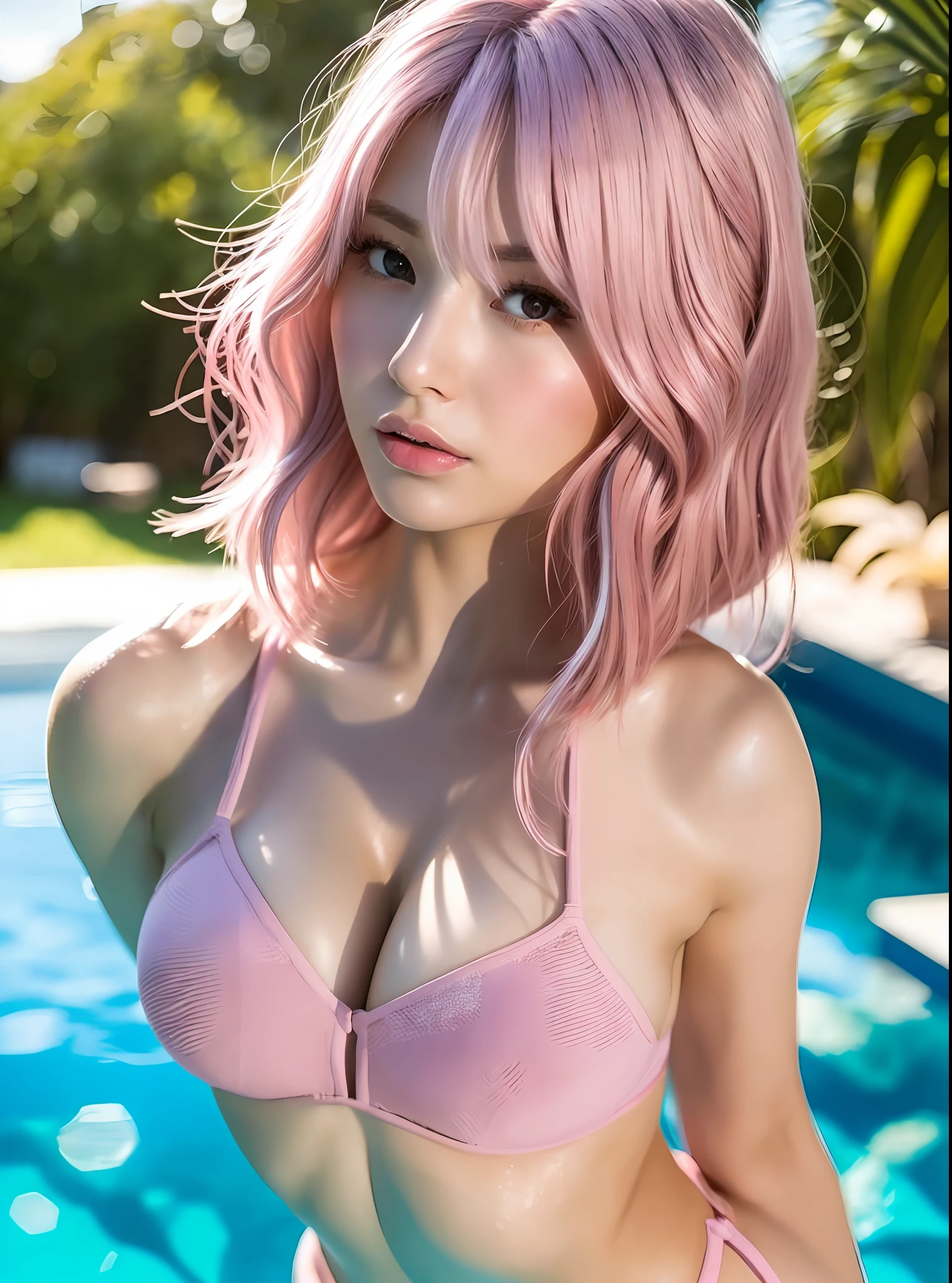 -yeld wo,(top-quality、8K、32K、masterpiece、nffsw:1.3)、(Photorealsitic:1.4)、realisitic:1.2、Detailed skin,Wearing sweat:1.2、Beautiful woman with perfect body shape:1.4、Slender Abs:1.2、Highly detailed facial and skin texture、A detailed eye、二重まぶた、((dark pink hair、huge-breasted:1.4))、(Wear a swimsuit in pastel colors:1.1)、thighs thighs thighs thighs、Sun glare,depth of fields,Shading by sunlight,Resort Pool:1.2、