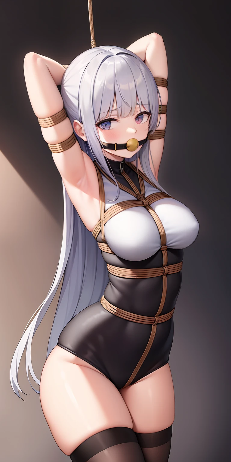 arms behind head, long_hair, looking_at_viewer, thighhighs, bow, bound, bdsm, bondage, rope, restrained, gag, shibari, bound_arms, ball_gag, shibari_over_clothes