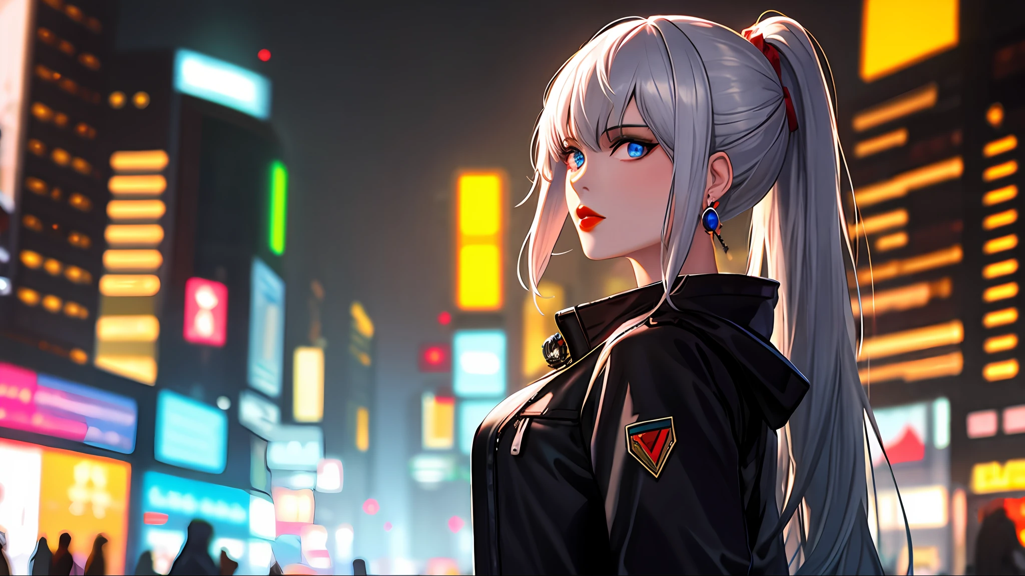 red lips, 1girl, bangs, white hair, black jacket, blue eyes, blurry, (blurry background:1.16), braid, breasts, earrings, from side, jacket, jewelry, long hair, looking at viewer, open clothes, open jacket, high ponytail, (mecha), glowing purple eyes, solo, upper body, baiyi, [[realistic]],(shiny skin), highly detailed background, (masterpiece:1.4),(best quality:1.4), red lips, parted lips, night, cityscape, neon lights, cyberpunk,(HDR:1.3)