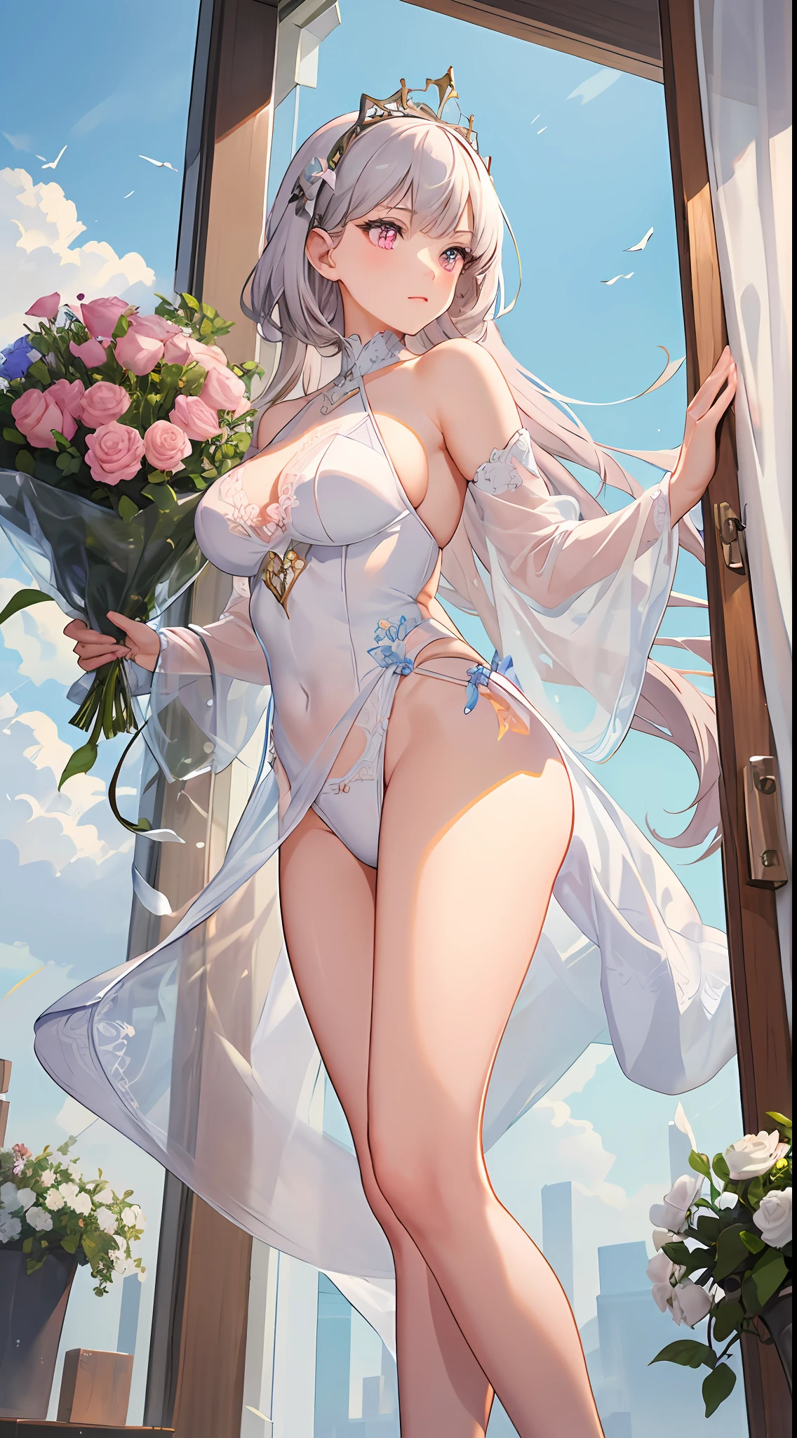 ((masterpiece)),((best quality)),(ultra - detailed),(illustration),((Extremely Delicately Beautiful)),(dynamic angle), 1girl, flowers, spring, beside window, rose, Detailed: face,long eyelasher,dim eyesight,tight-fitting,Raised sexy,head gear,queen,Pink eyes,cloudless sky,sunlights,silber hair,White lace stockings all over, 30-year-old woman, did not wear panties,8K