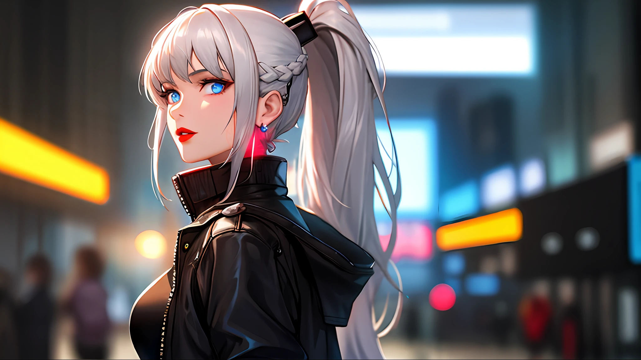 red lips, 1girl, bangs, white hair, black jacket, blue eyes, blurry, (blurry background:1.16), braid, breasts, earrings, from side, jacket, jewelry, long hair, looking at viewer, open clothes, open jacket, high ponytail, (mecha), glowing purple eyes, solo, upper body, baiyi, [[realistic]],(shiny skin), highly detailed background, (masterpiece:1.4),(best quality:1.4), red lips, parted lips, night, cityscape, neon lights, cyberpunk,(HDR:1.3)