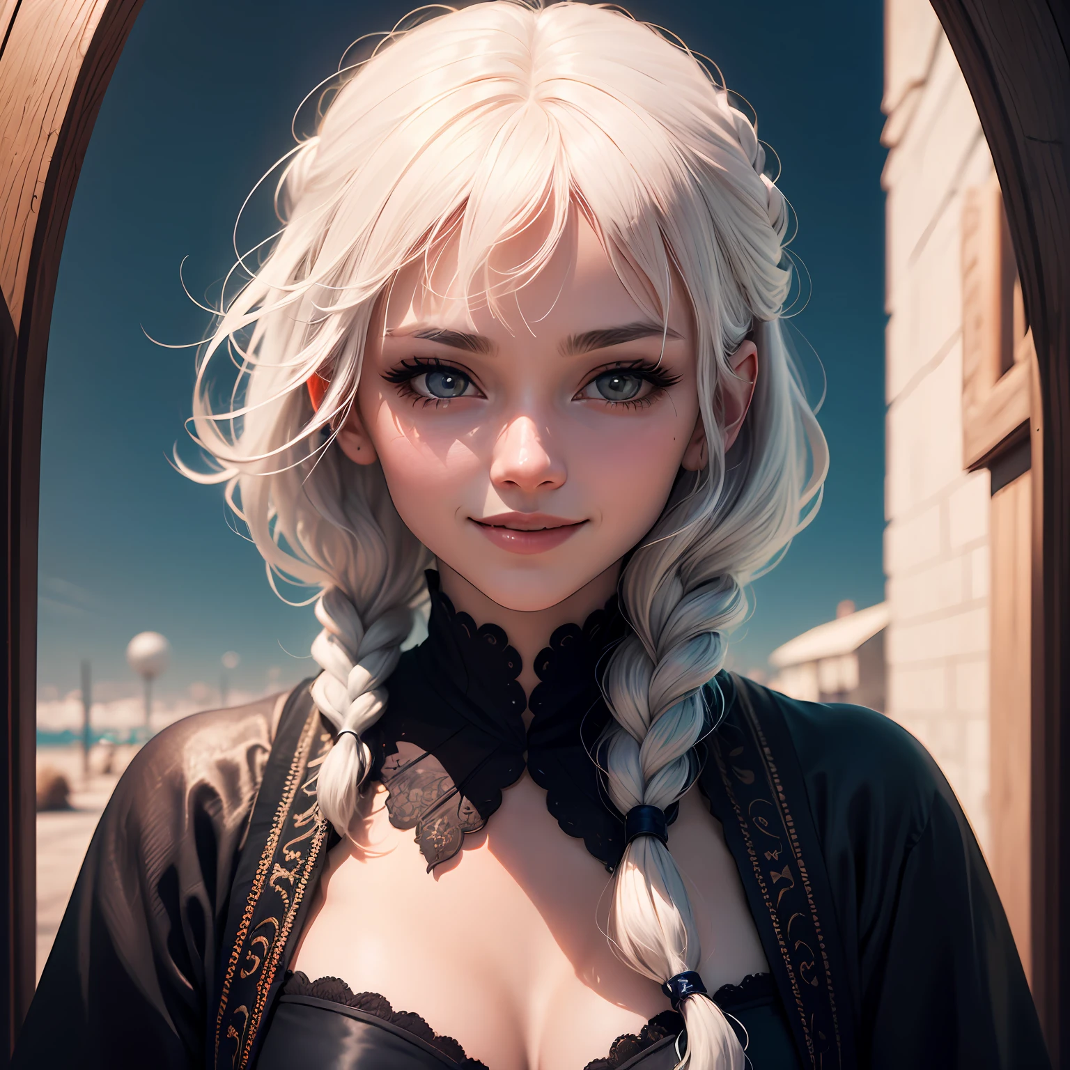 longeyelashes, light smile, white hair, hair bobbles, braid, Surrealism, drop shadow, anaglyph, stereogram, tachi-e, pov, atmospheric perspective, 8k, super detail, best quality --auto