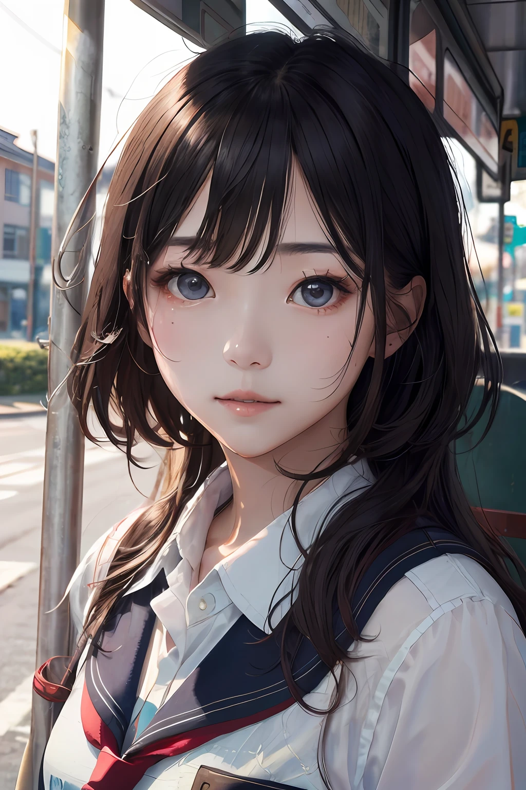 1女孩, (A masterpiece:1.2), high-resolution, High best quality, (Perfect face and eyes:1.2), (textured skin:1.2), bus stop, wind, Serafoku, School Uniform, Bright light rays, adorable
