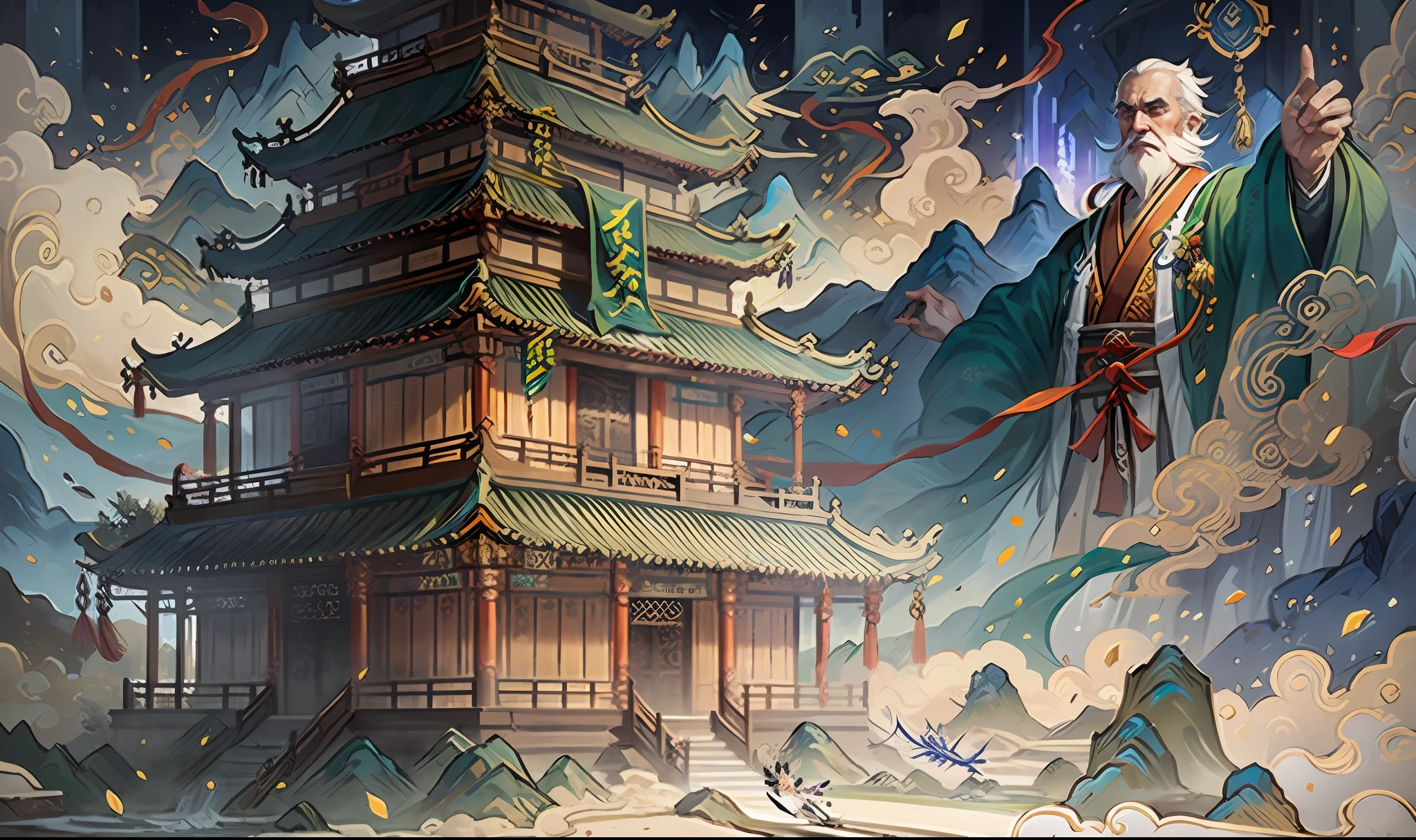 mtu，A old man，Long beard，Taoist robes，An ancient Chinese painting， ancient chinese background， mountain ranges， rios， Auspicious clouds， Pavilions， rays of sunshine， tmasterpiece， super detailing， Epic composition， hyper HD， high qulity， extremely detaile， offcial art， 统一 8k 壁纸， super detailing， 32k -- v 6