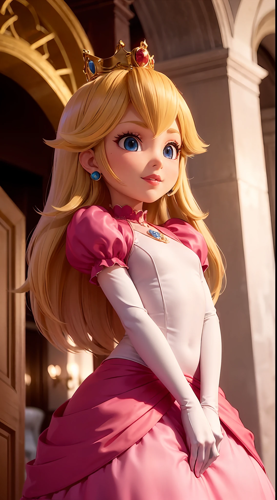 (Inside a castle setting,) A petite Princess Peach wearing a beautiful hot pink dress, she is gentle and compassionate and is shown with a calm smile, she wears a golden crown atop her blond hair and white gloves. She is a tall, extremely beautiful and young with a fair skin complexion, light blue eyes, dark yellow eyebrows, and a small nose. She has six long eyelashes on each eye as well as dark eyeliner. Her lips are round with pink lipstick. With a focus on her alluring chest, she is depicted in a close-up shot from below.