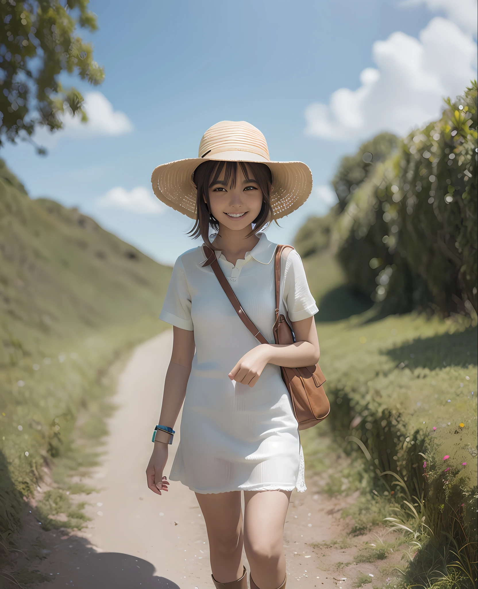 Painting girl of Alafad walking in the field, Cute Mini Girl Female Explorer, Realistic 3D style, Surreal adventure rendering, fantasy matte painting, Cute, artgerm and atey ghailan、realisitic、Live Action、a smile、17 year old girl