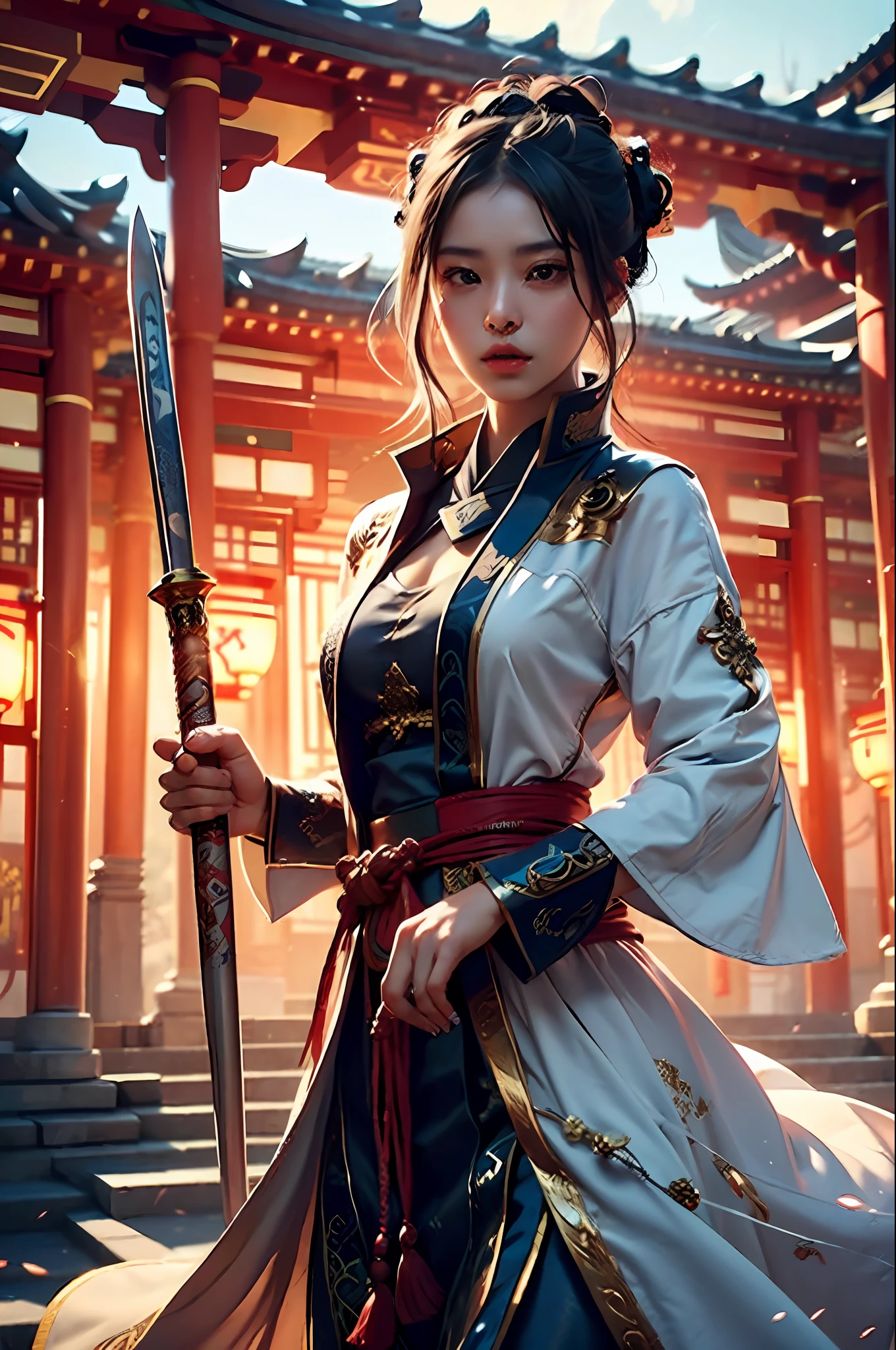 best qualtiy,tmasterpiece,超高分辨率,(realisticlying:1.4),xiuxian,arma,Detal Face,
1girll,独奏,Sword weapons,(Magical Circle:1.2),xiuxian,The upper part of the body,a beauty girl,full bodyesbian,east asian architecture,jacket,buliding,