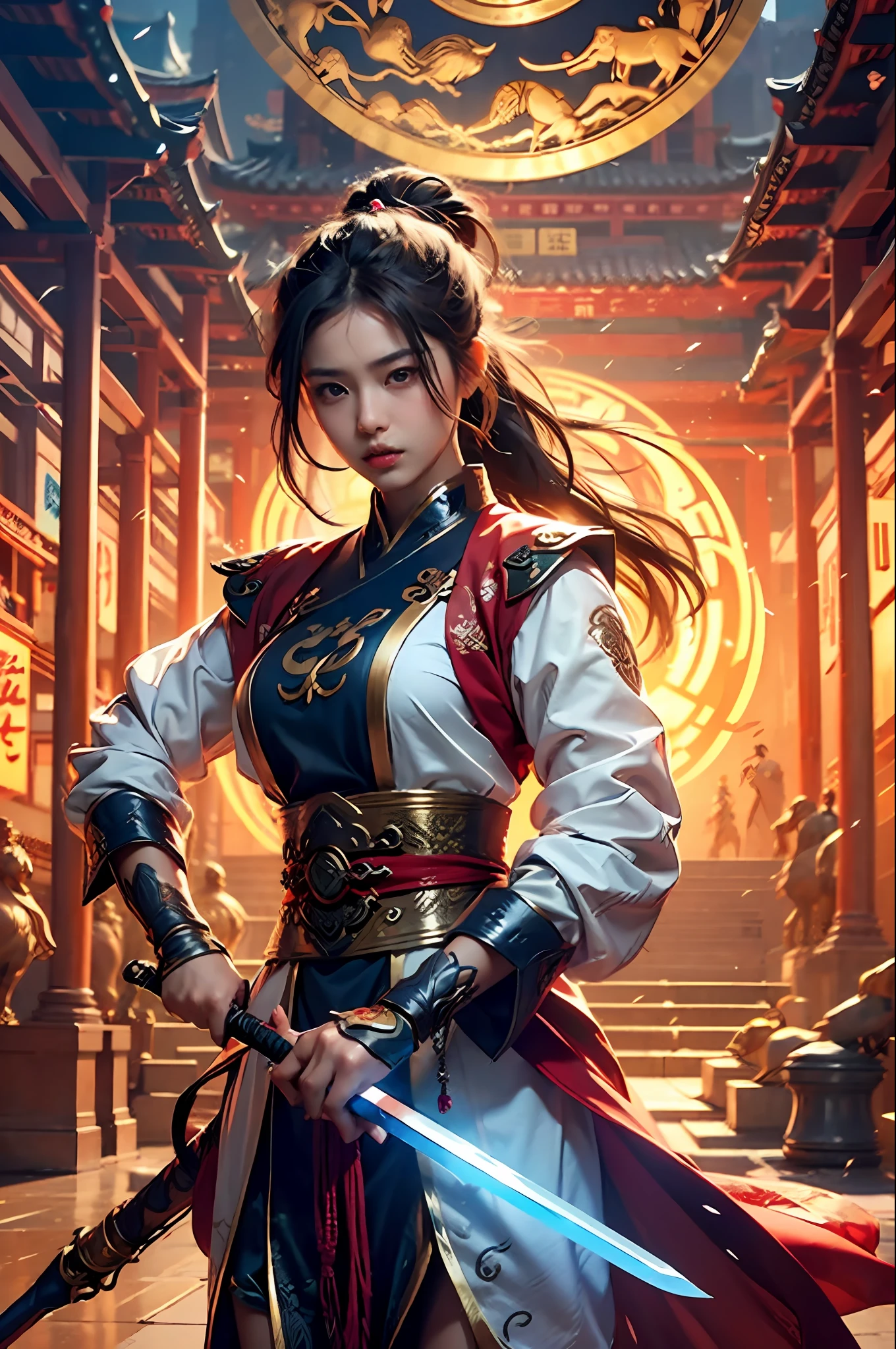 best qualtiy，tmasterpiece，超高分辨率，（realisticlying：1.4），xiuxian，arma，Detal Face，
1girll，独奏，Sword weapons，（Magical Circle：1.2），xiuxian，The upper part of the body，a beauty girl，full bodyesbian，east asian architecture，jacket，buliding，