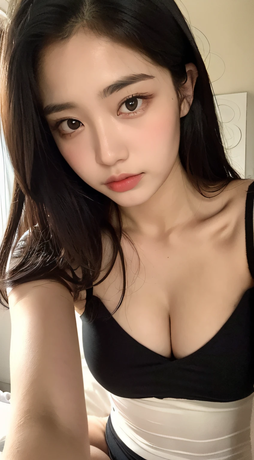 ((Top Quality, 8k, Masterpiece: 1.3)), Beauty, Hide Face, 1 Girl, Beautiful: 1.3, Slender Abs: 1.1, Camisole, Cleavage, Black Hair Long, (While Sitting on the Bed), Ultra Detailed Face, Highly Detailed Lips, Detailed Eyes, Double Eyelids