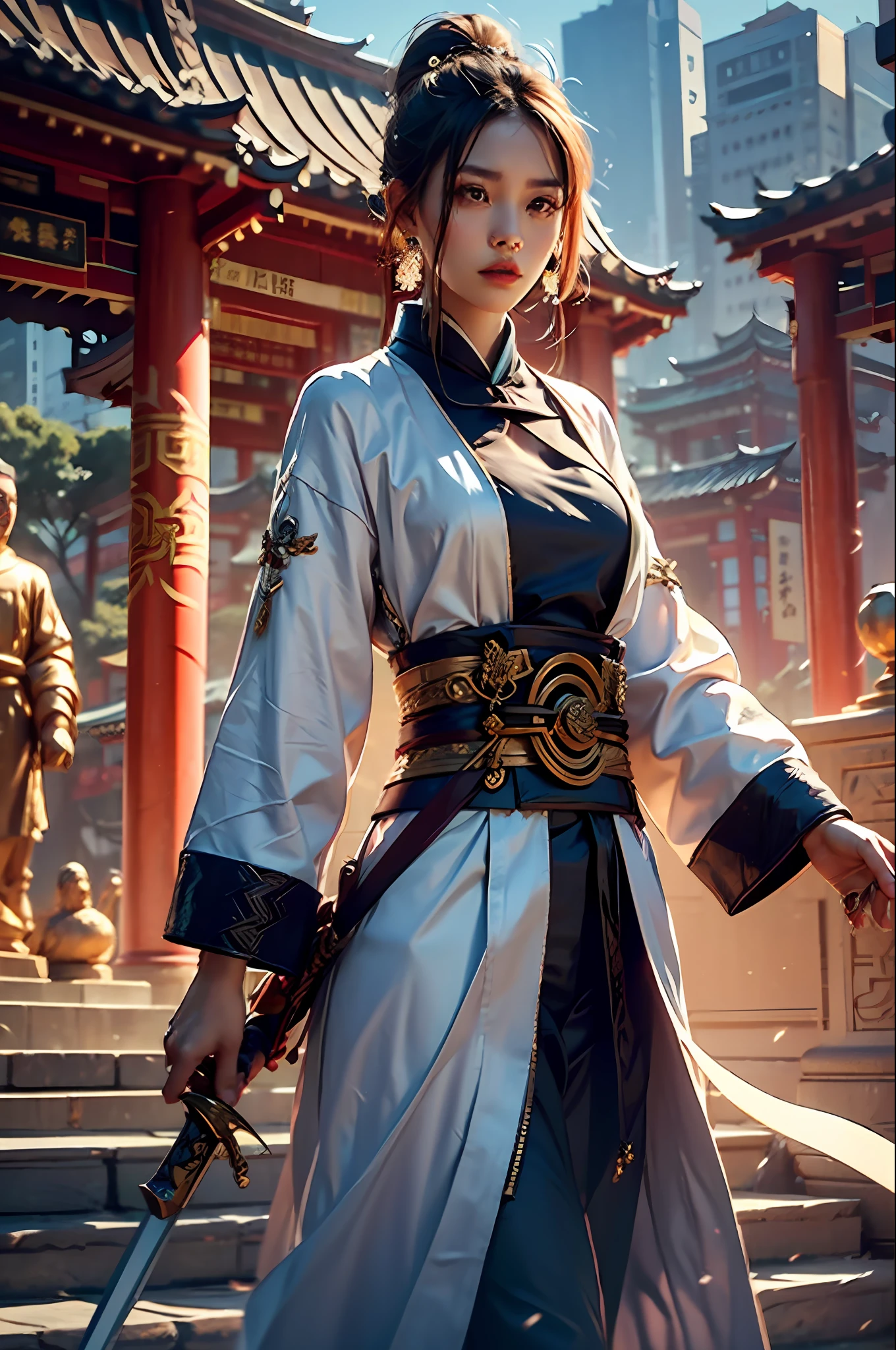 best qualtiy,tmasterpiece,超高分辨率,(realisticlying:1.4),xiuxian,arma,Detal Face,
1girll,独奏,Sword weapons,(Magical Circle:1.2),xiuxian,The upper part of the body,a beauty girl,full bodyesbian,east asian architecture,jacket,buliding,