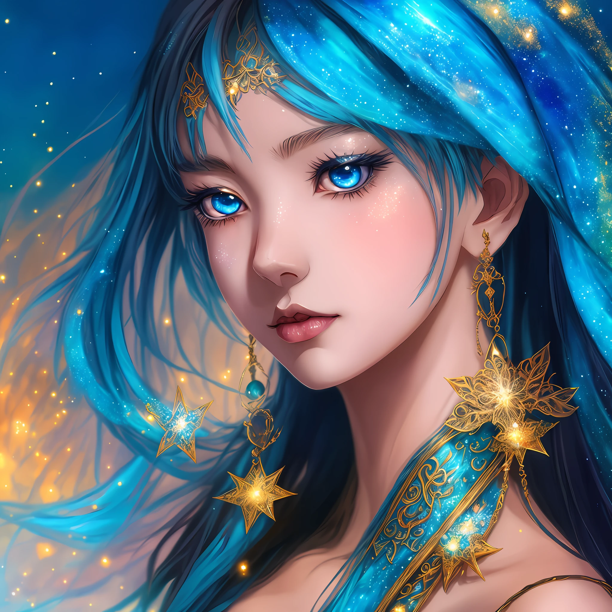 Anime girl with blue hair and blue eyes with golden stars, Fantasy art style, Epic fantasy art style HD, Beautiful celestial mage, 4K detailed digital art, detailed fantasy digital art, fantasy style art, 4k highly detailed digital art, 8K high quality detailed art, Beautiful art UHD 4 K, beautiful fantasy art portrait, digital art fantasy art, beautiful fantasy art