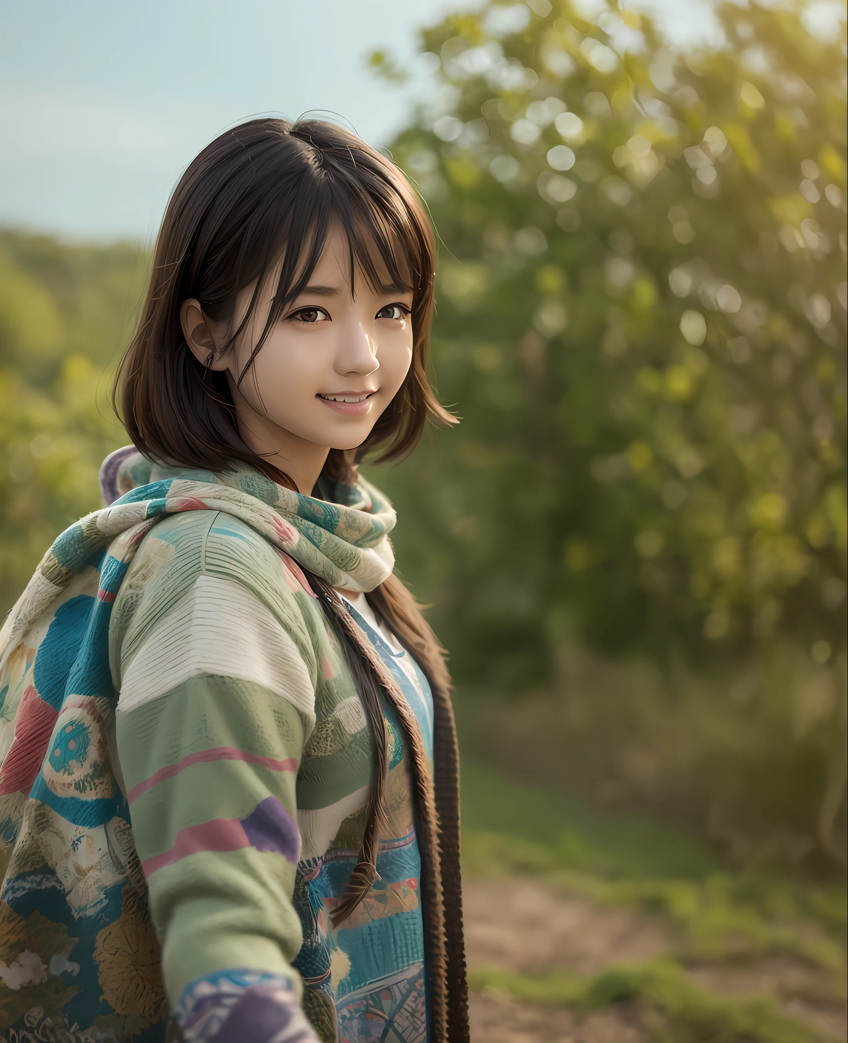 Painting girl of Alafad walking in the field, Cute Mini Girl Female Explorer, Realistic 3D style, Surreal adventure rendering, fantasy matte painting, Cute, artgerm and atey ghailan、realisitic、Live Action、a smile、17 year old girl