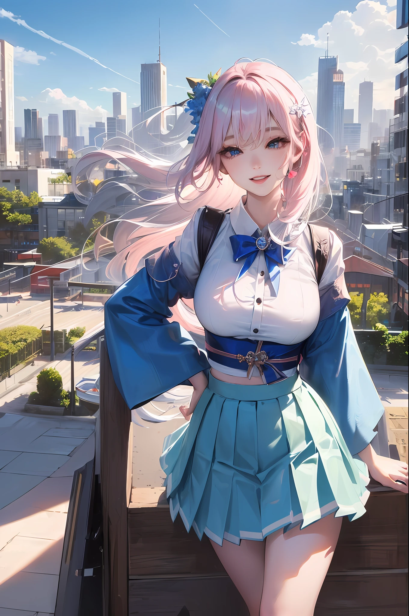 official art, masterpiece, sharp focus, (beautiful gorgeous cute Korean woman:1.3), (beautiful cute korean:1.3), korean beauty, Delicate and beautiful hair and eyes and face, realistic, ultra detailed, beautiful girl, blue sky, glow white particle, (sidelighting:1.2), sun light, white cloud, detailed clouds, slender, Lovely very large breasts and very large hips, smile with teeth, ((smile with eyes, open both eyes)), scenery, long straight hair, sexy facial expression, building, (cityscape:1.7), dynamic hair, long straight hair, detailed platinum pink hair, glow blue eyes, (blue pleated shirts + white skirt), white long socks, pale skin, hair ornament, epic scenery,