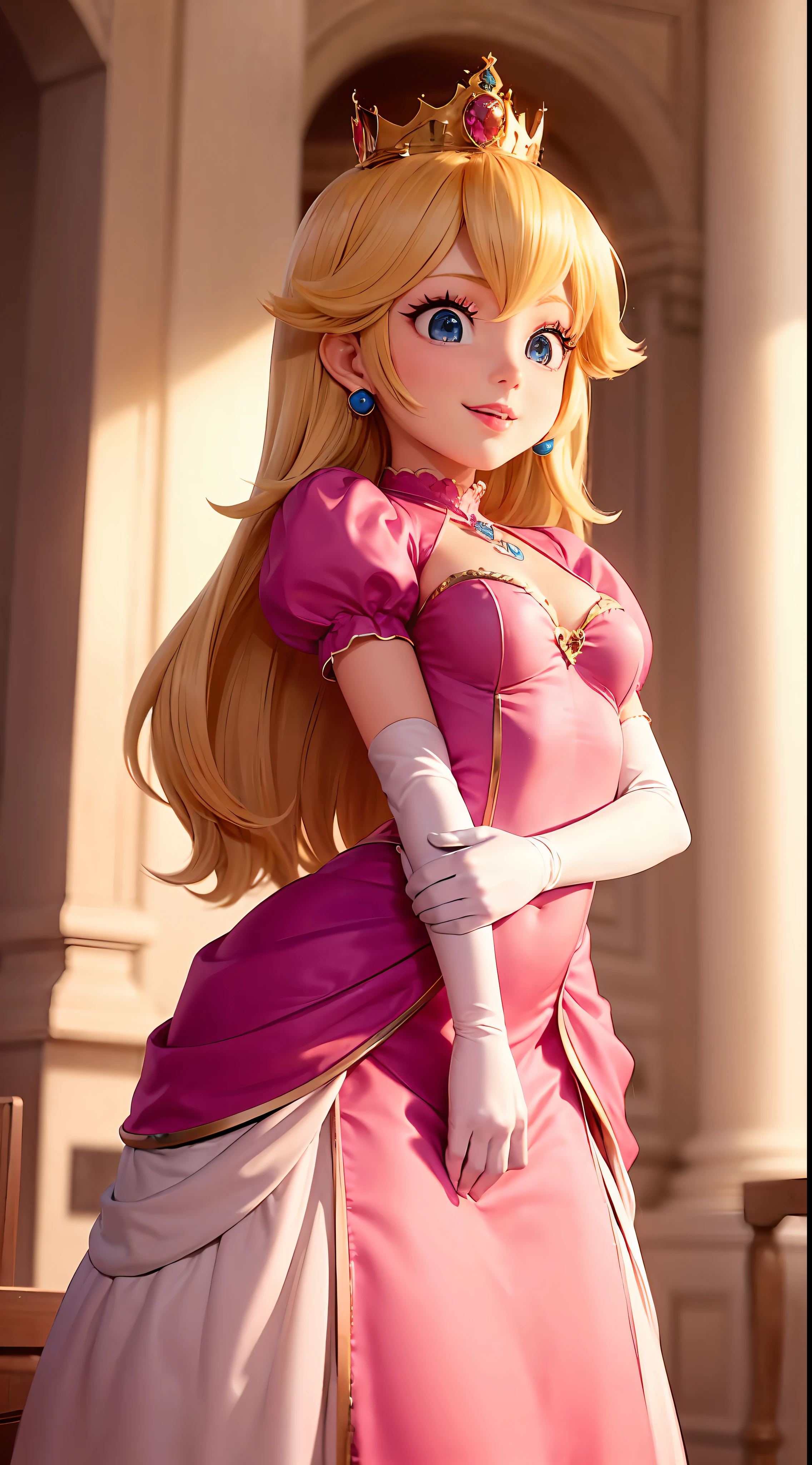 (Inside a castle setting,) A ite Princess Peach wearing a beautiful hot pink dress, she is gentleand compassionate and is shown smiling gently, she wears a golden crown atop her blond hair and white gloves. She is a tall, extremely beautiful young princess with a fair skin complexion, light blue eyes, dark yellow eyebrows, and a small nose. She has six long eyelashes on each eye as well as dark eyeliner. Her lips are round with pink lipstick. With a focus on her alluring chest, she is depicted in a close-up shot from below.