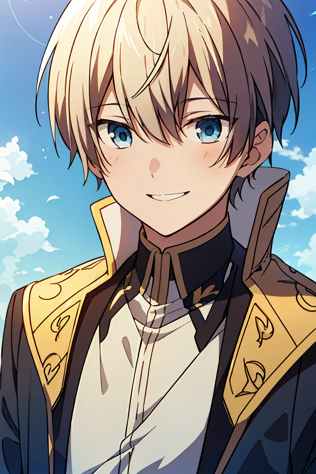 (high-quality, breathtaking),(expressive eyes, perfect face), 1boy, male, solo, short, young boy, blonde hair, black eyes, smile, prince outfit, blue sky background, soft