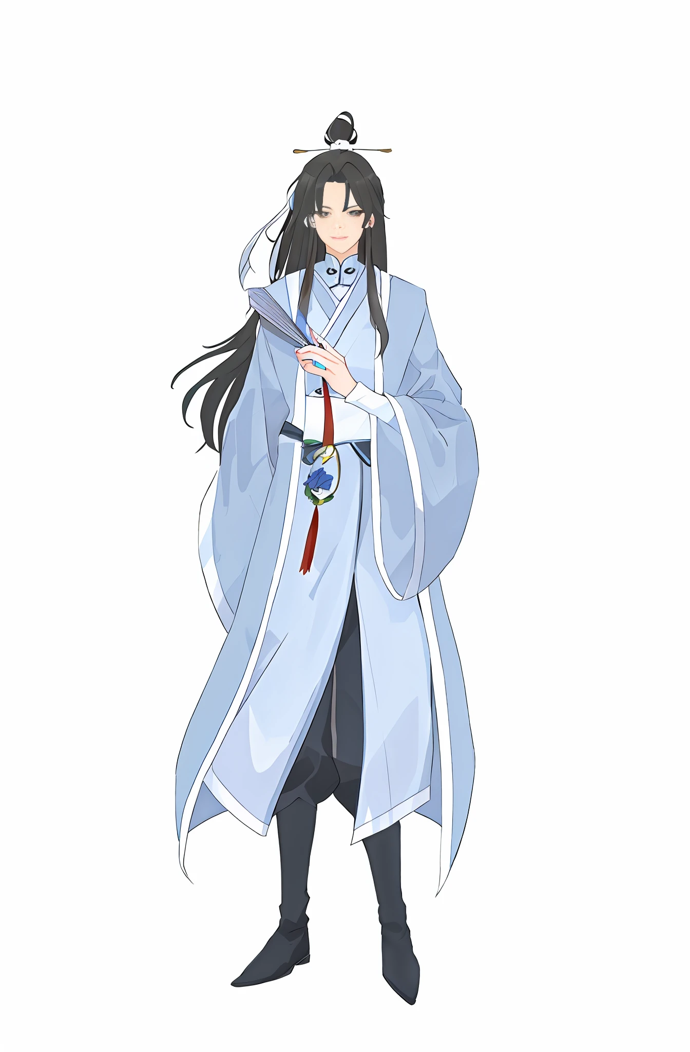 Anime characters with long hair and blue robes holding a fan, flowing hair and long robes, full-body wuxia, inspired by Wu Daozi, Inspired by Cao Zhibai, wearing a long flowing robe, Inspired by Seki Dosheng, Wears a robe with a moire pattern，brunette color hair，Wearing black boots，Holding a folding fan，The robe has a white pattern，A small bag hangs from the waist，There are white flowers on the bag，ssmile