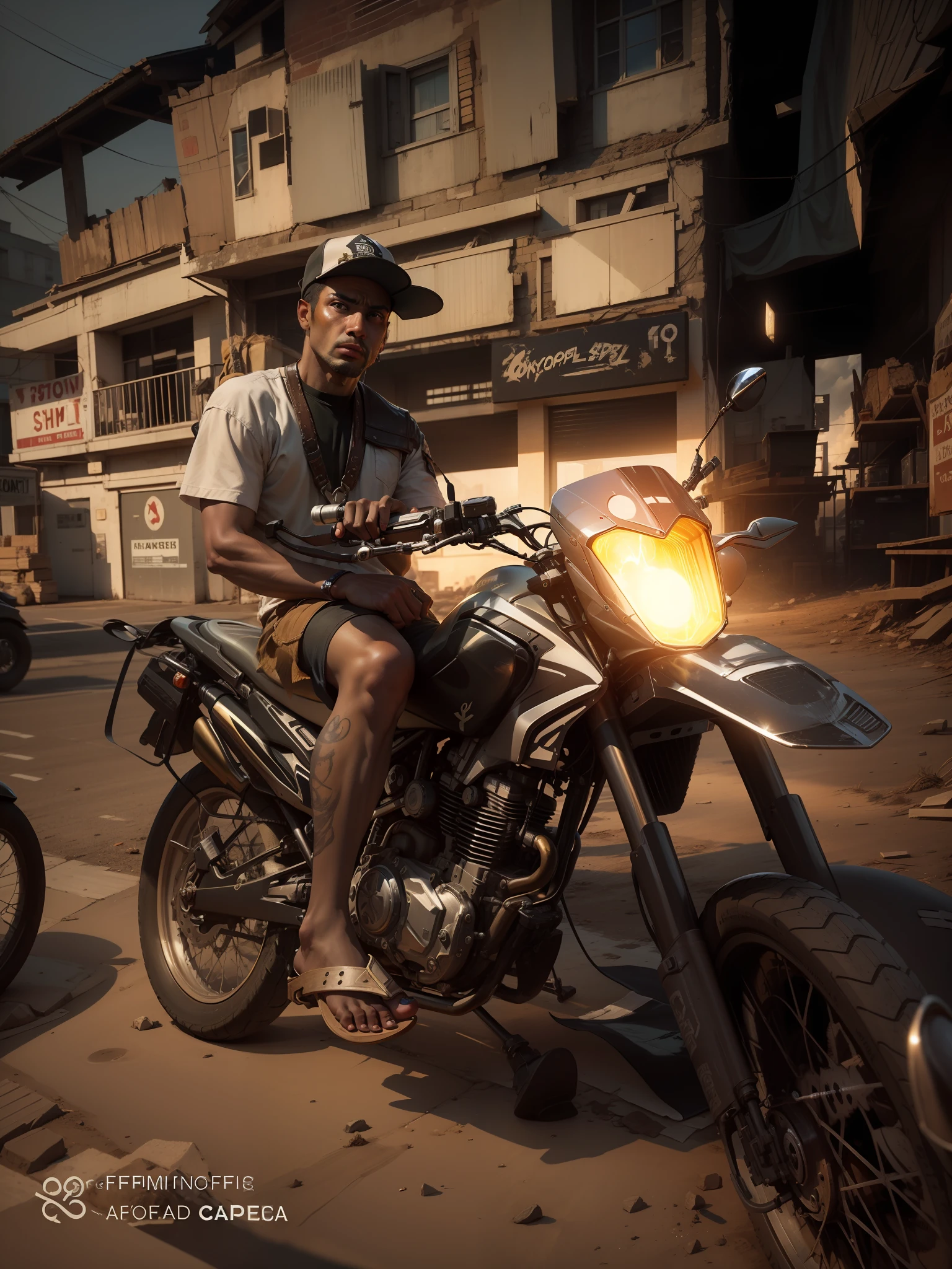 apocalipse, fim do mundo, farol de moto com luz branca, noite, Apocalyptic theme, realistic foot, perfect human foot