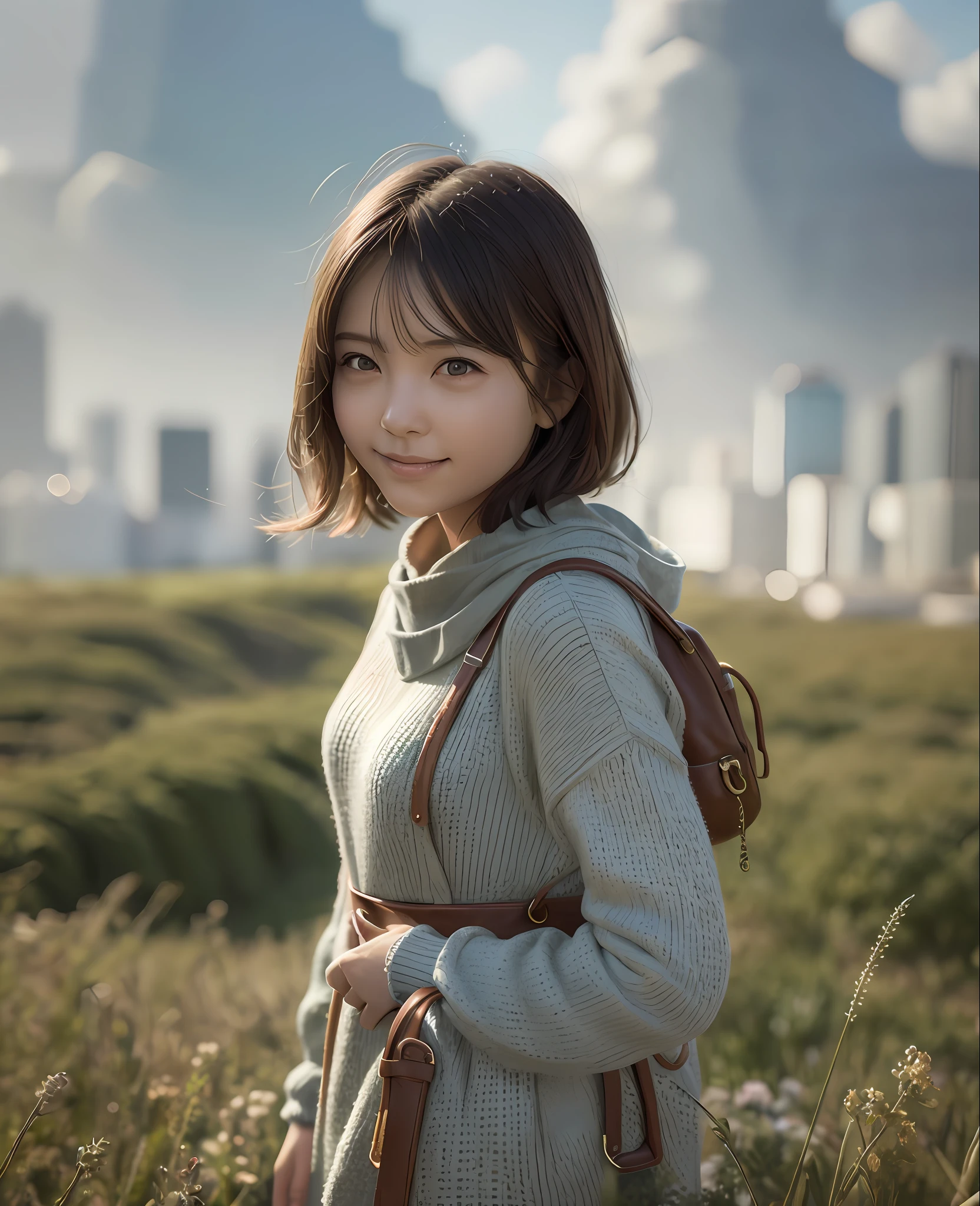 Painting girl of Alafad walking in the field, Cute Mini Girl Female Explorer, Realistic 3D style, Surreal adventure rendering, fantasy matte painting, Cute, artgerm and atey ghailan、realisitic、Live Action、a smile、17 year old girl