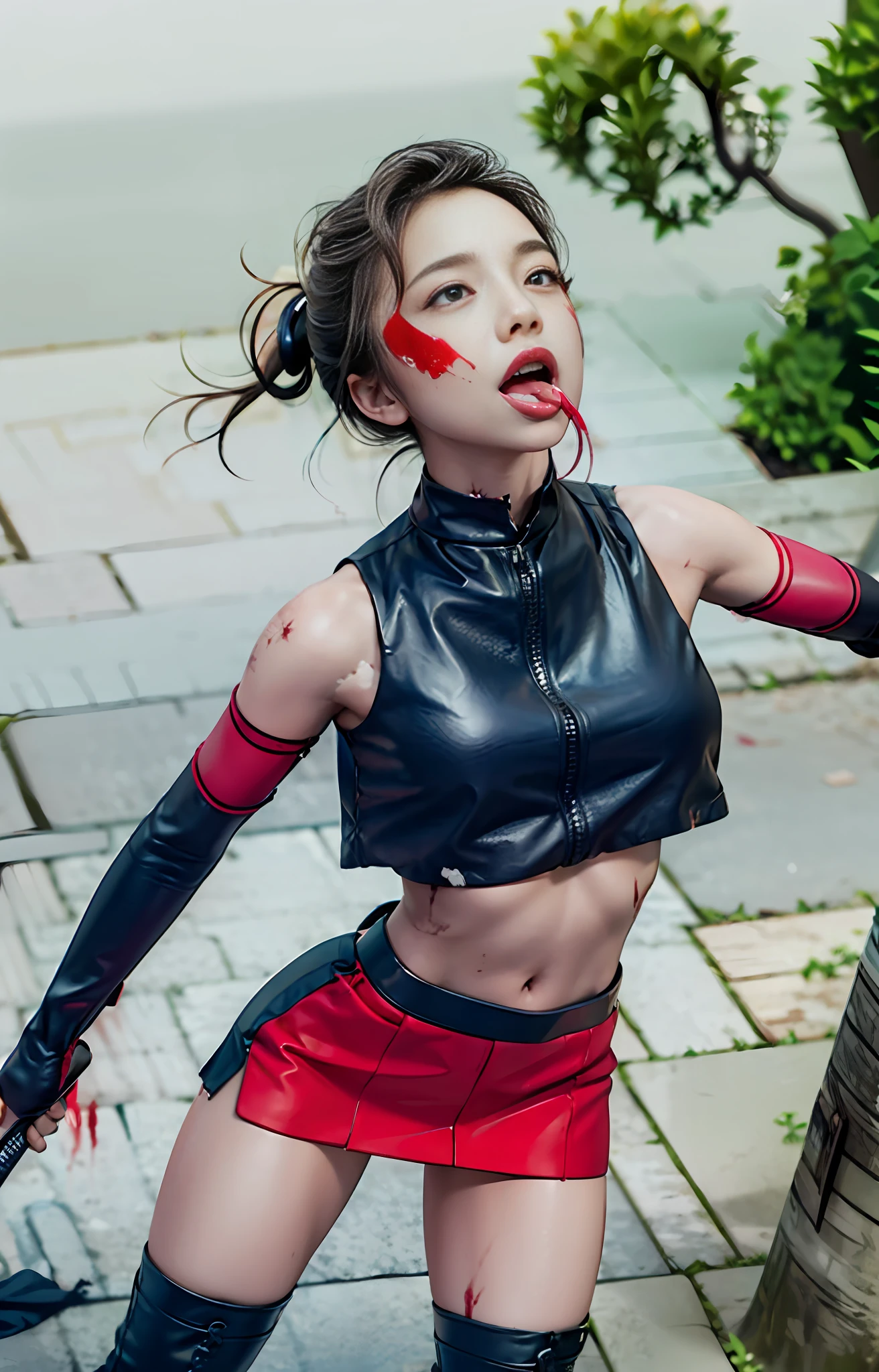 offcial art,Extremely detailed Cg Unity 8K wallpapers,best qualtiy,tmasterpiece,A high resolution,Pretty girl ninja,short detailed hair,Black cut top leather armor,Brown belt,Scabbards on thighs,Japanese Katana Sword,Leather gloves,Black mini leather skirt,Black over-the-knee flat boots,Tight Leather,Small face,The skirt leaks, Spread her legs,with no underpants,bloods,{{Bloody scars on the stomach}},Blood at the corners of the mouth,Stick out your tongue,wounded in fight,killed in fight,{{Corpse}}, {{Look up}},{{half closed eye}},roll eyes,{{dead body}},