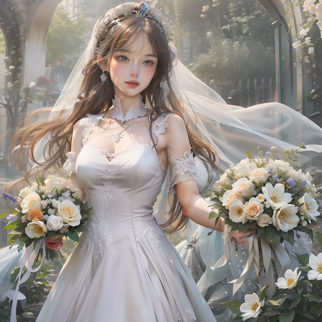 A woman in a wedding dress holds a bouquet of flowers, Guviz-style artwork, Beautiful Empress,  Fantasy art style, Beautiful and elegant queen, sportrait