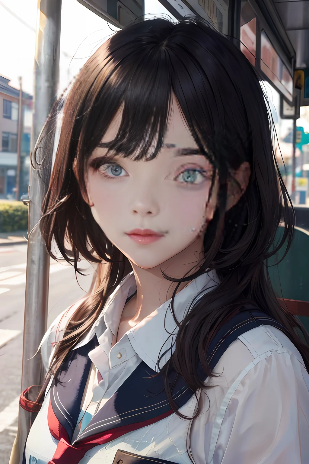 1女孩, (A masterpiece:1.2), high-resolution, High best quality, (Perfect face and eyes:1.2), (textured skin:1.2), bus stop, wind, Serafoku, School Uniform, Bright light, adorable