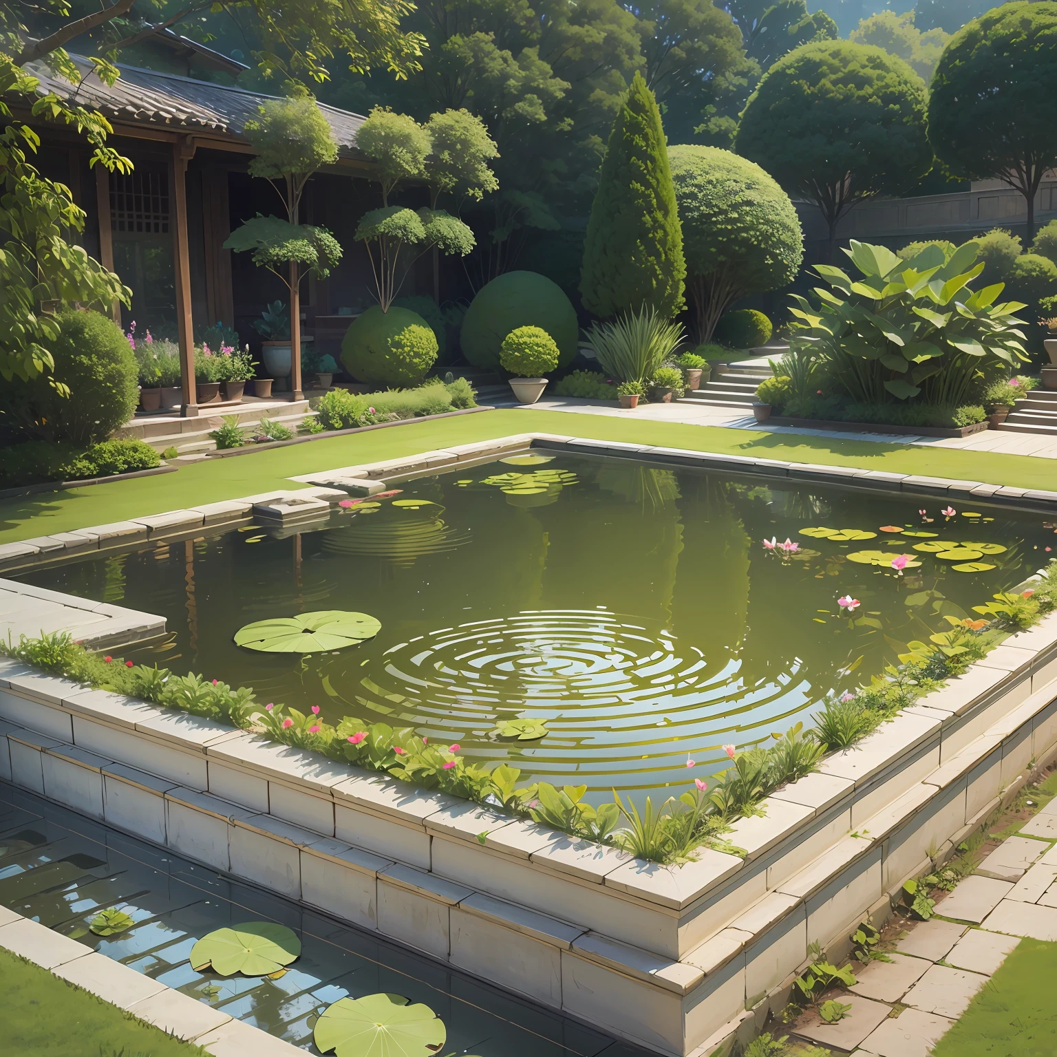 Second floor courtyard,wall,Greenwood,Small pond --auto